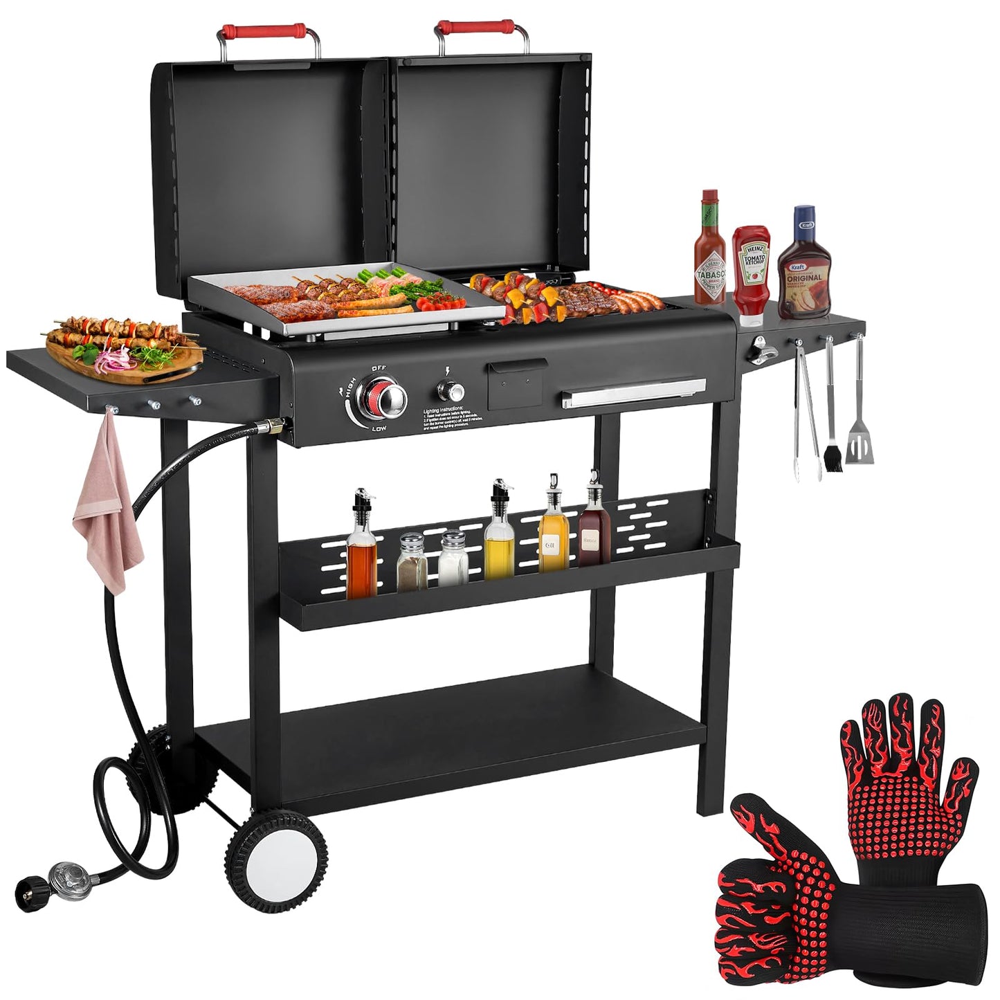 Propane Gas Griddle Charcoal Grill Combo Flat Top Griddle W/Dual Lids & 2 Side Shelves Dual Fuel BBQ Grill for Outdoor Barbecue