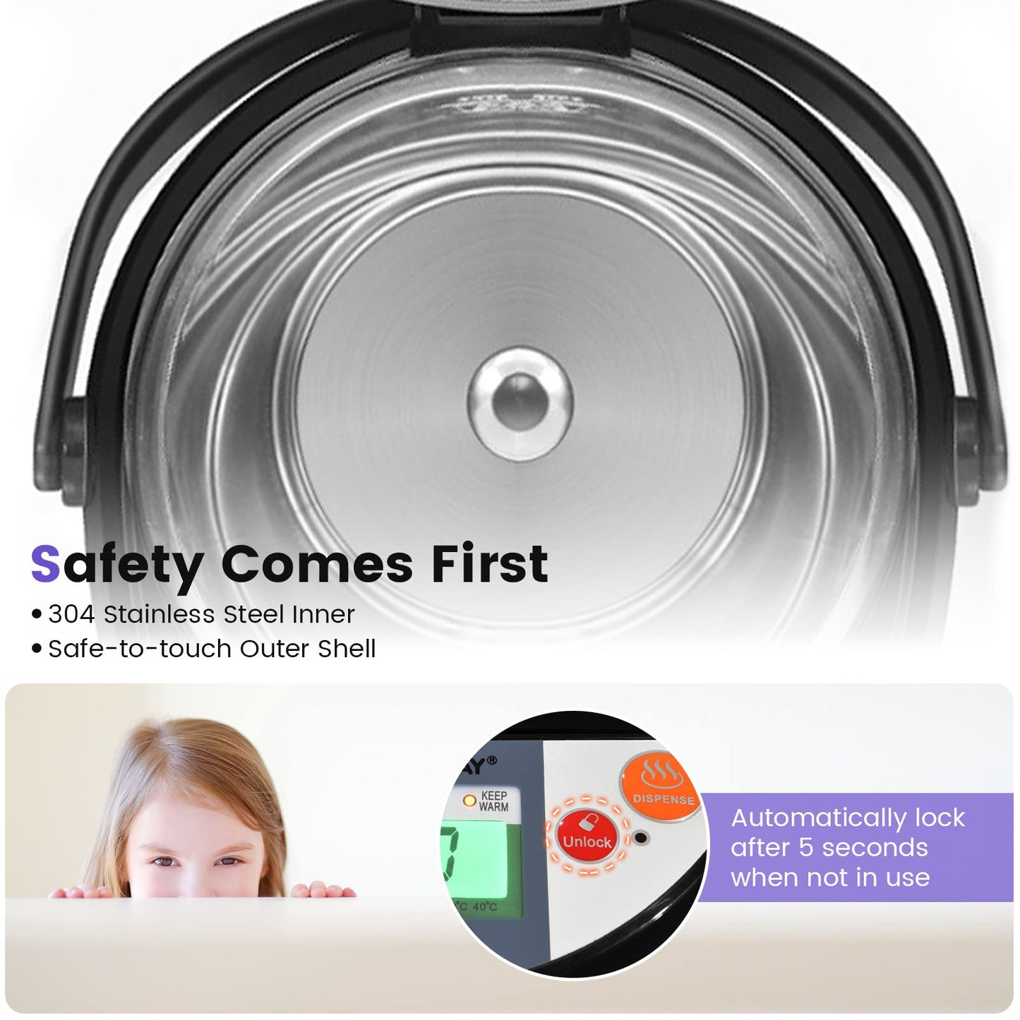 KOTEK Electric Hot Water Boiler and Warmer, Hot Water Dispenser, Stainless Steel Water Boiler w/5 Stage Temperature Settings, Safety Lock, Electric Hot Water Pot, 5-Liter