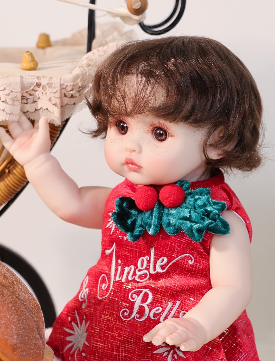Cloveray Baby Dolls, 18 Inch Realistic Reborn Full Vinyl Baby Doll with Brown Curly Hair, Hand-Painted Freckles & Cozy Red Outfit for Girls Ages 3+, Pretend Play, Display & Collection