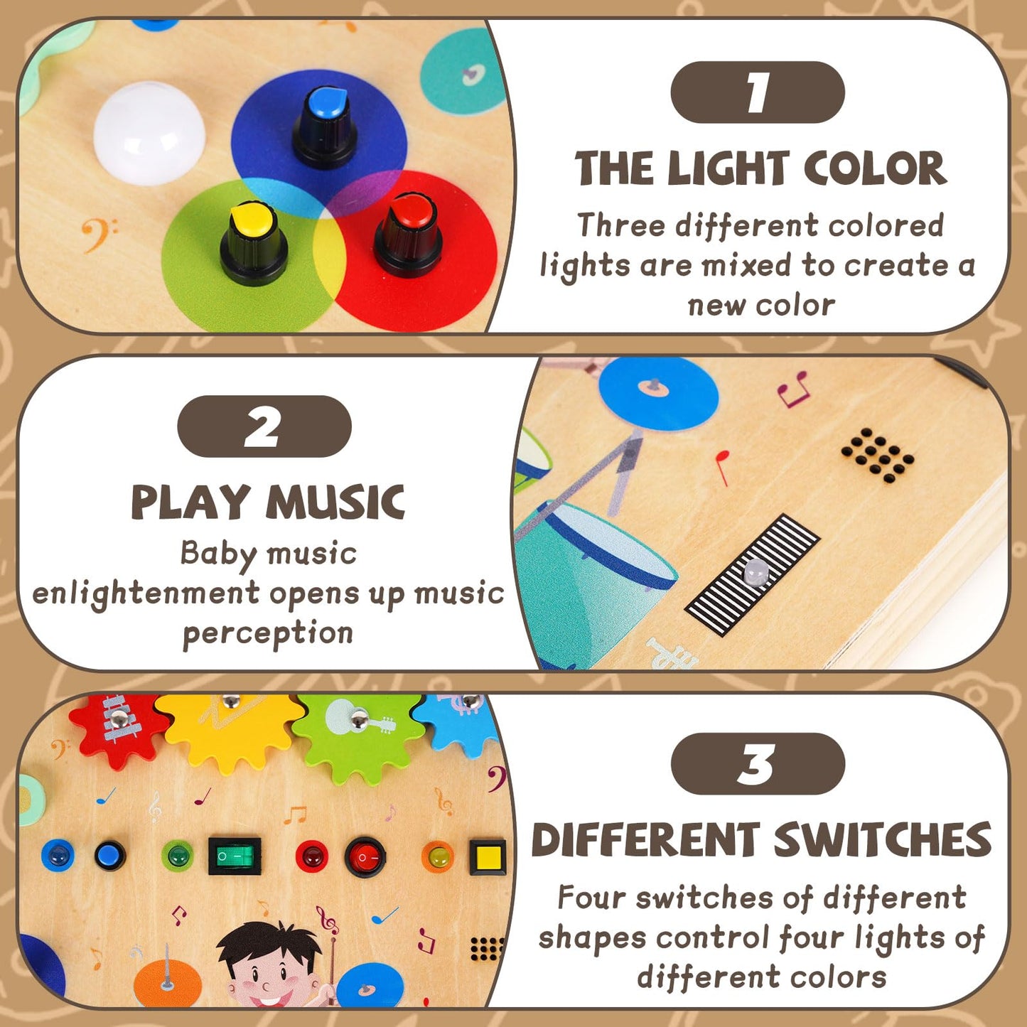 Montessori Busy Board for Toddlers,Wooden Sensory Toys with Wooden Drum Musical Toy,LED Lights,Switches,Learning ActivityBoard for Fine Motor Skills, Travel Toy Fidget Board for Baby Boy & Girl