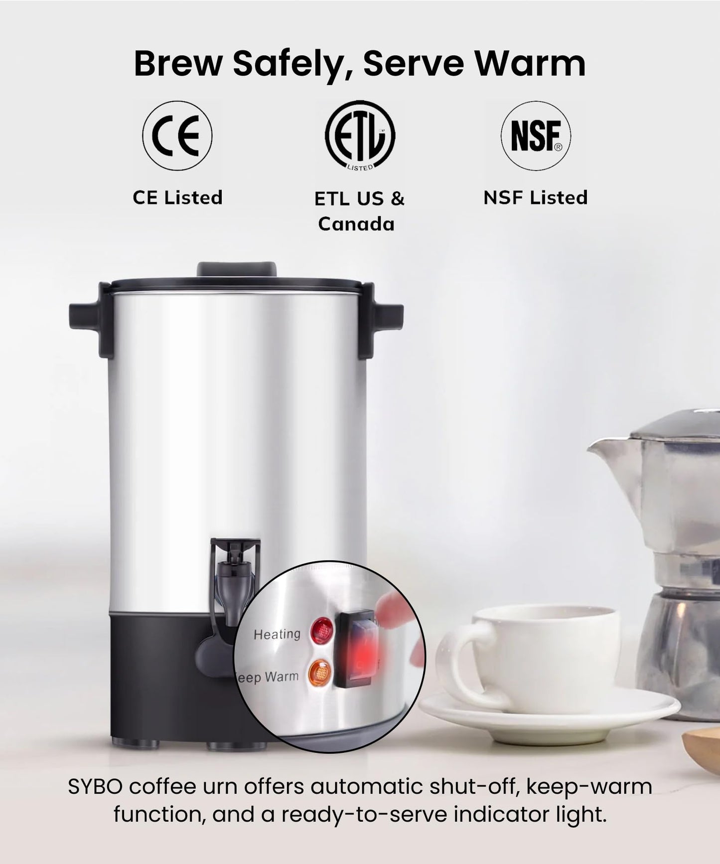 SYBO 45Cup Commercial Coffee Urn, Stainless Steel Percolate Coffee Maker, Hot Water Urn for Catering, Electric Coffee Pot Hot Beverage Dispenser, 6L, Metallic