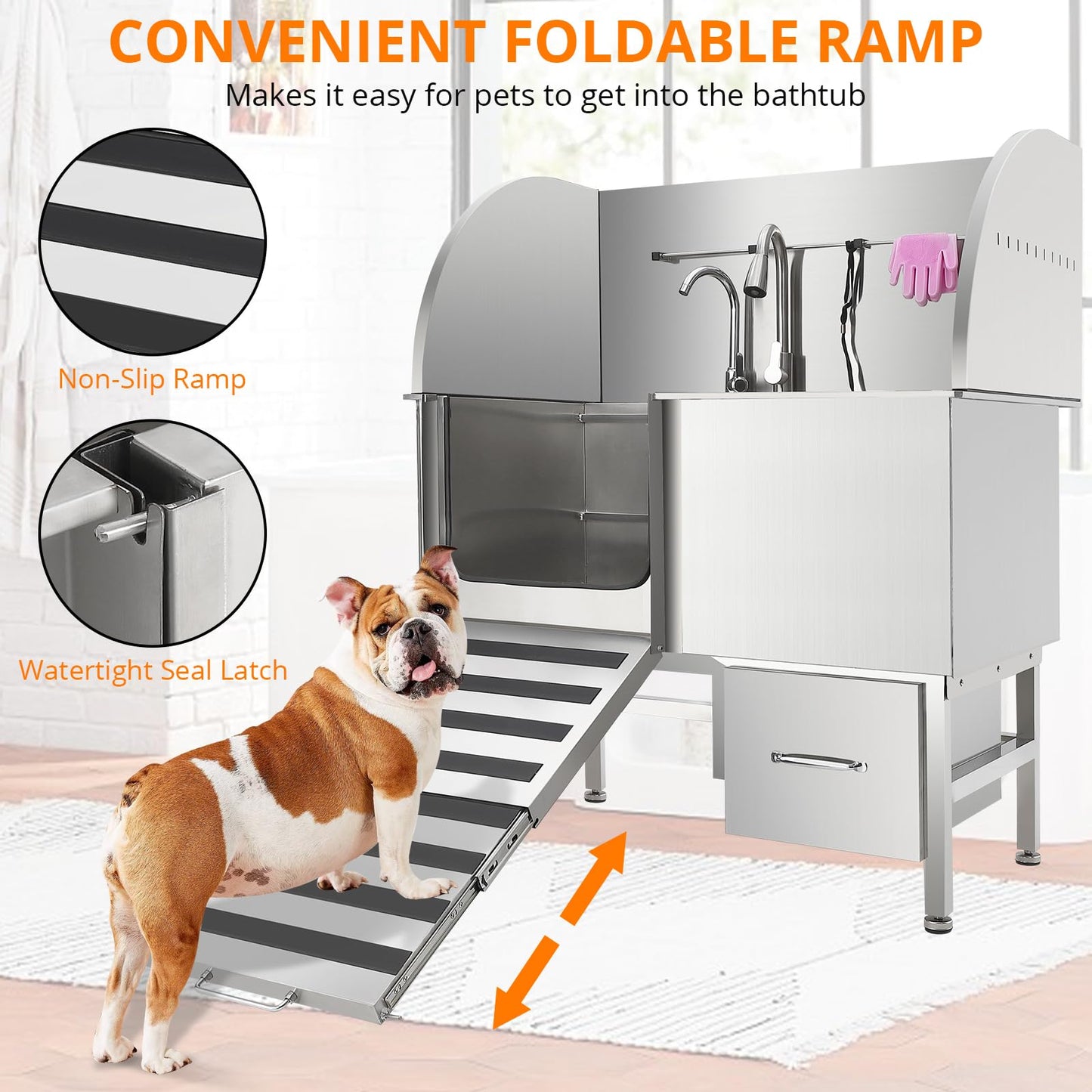 Dog Washing Station, 50 Inch Professional Stainless Steel Dog Bathing Station, Dog Grooming Tub for Large, Medium & Small Dogs, Dog Bathtub with Ramp, Drawer, Floor Grate & Fauct（Left Ramp, 50"）