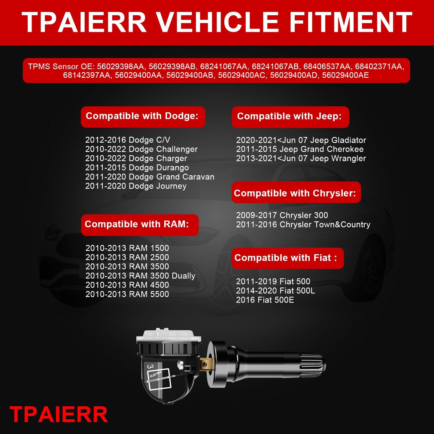 TPAIERR 4Pcs TPMS Sensor, 433Mhz OE 56029398AA, 56029398AB, 68241067AA, 68241067AB Pre-Programed Tire Pressure Monitoring System Sensors Compatible with Jeep/Dodge/Ram 1500 2500 for Chrysler Set of 4