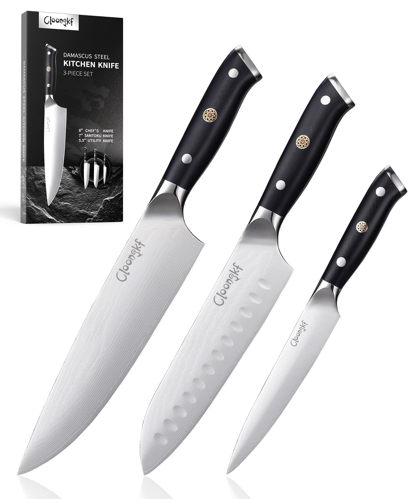 Cloongkf 3-Piece Damascus Kitchen Chef Knife Set- 8" Chef Knife, 7" Santoku, 5.5" Utility Knife Japanese High Carbon Stainless Steel with G10 Handle Gift Box Cutting Tools for Meat, Vegetables