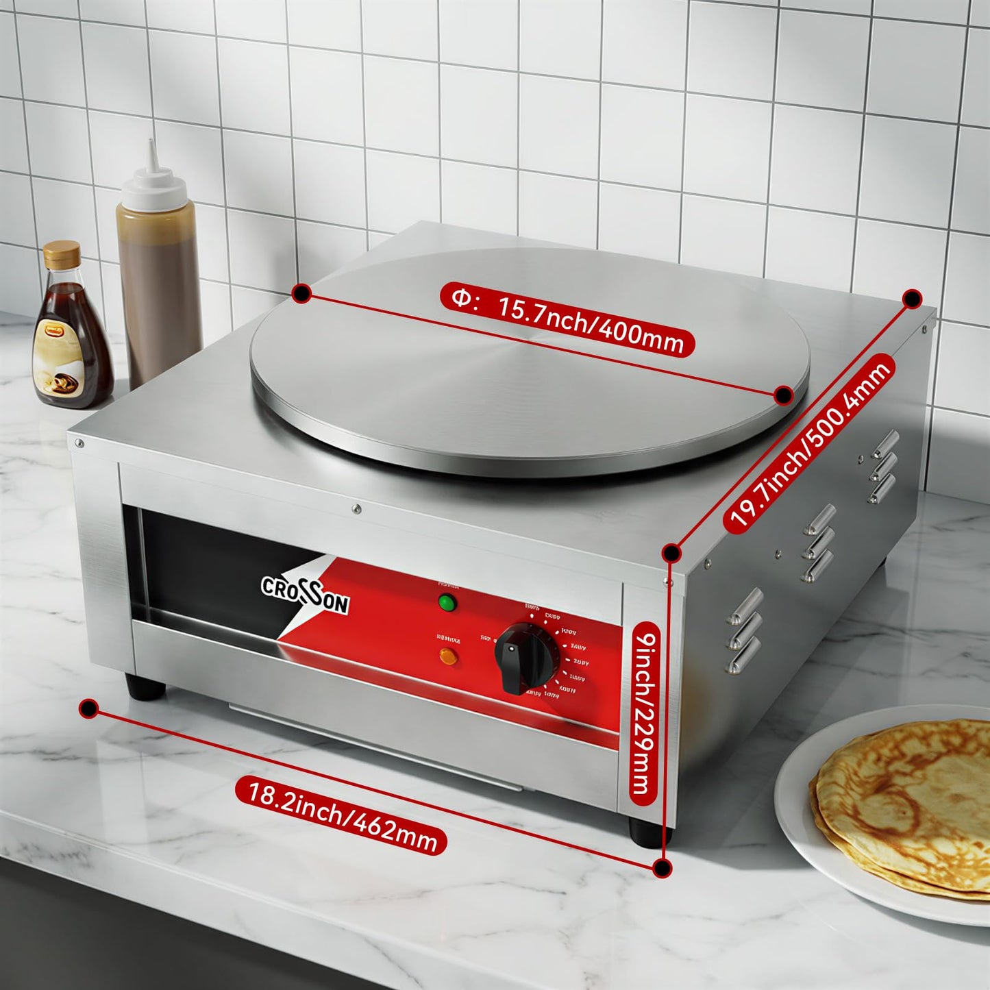 CROSSON Commercial Electric Crepe Maker, 16-Inch Large Cooking Plate 1800W ETL Certified, Stainless Steel Pancake Griddle with Accessories Storage & Metal Spatula/Spreader