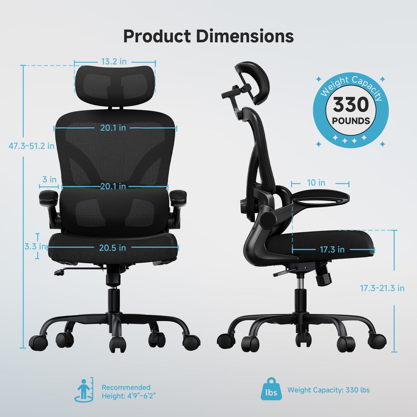 PKPT Ergonomic Office Chair, 330LBS Desk Chair with 3-Level Lumbar Support & Headrest, Breathable Mesh Backrest, Flip-Up Armrests for Home Office and Gaming, Black