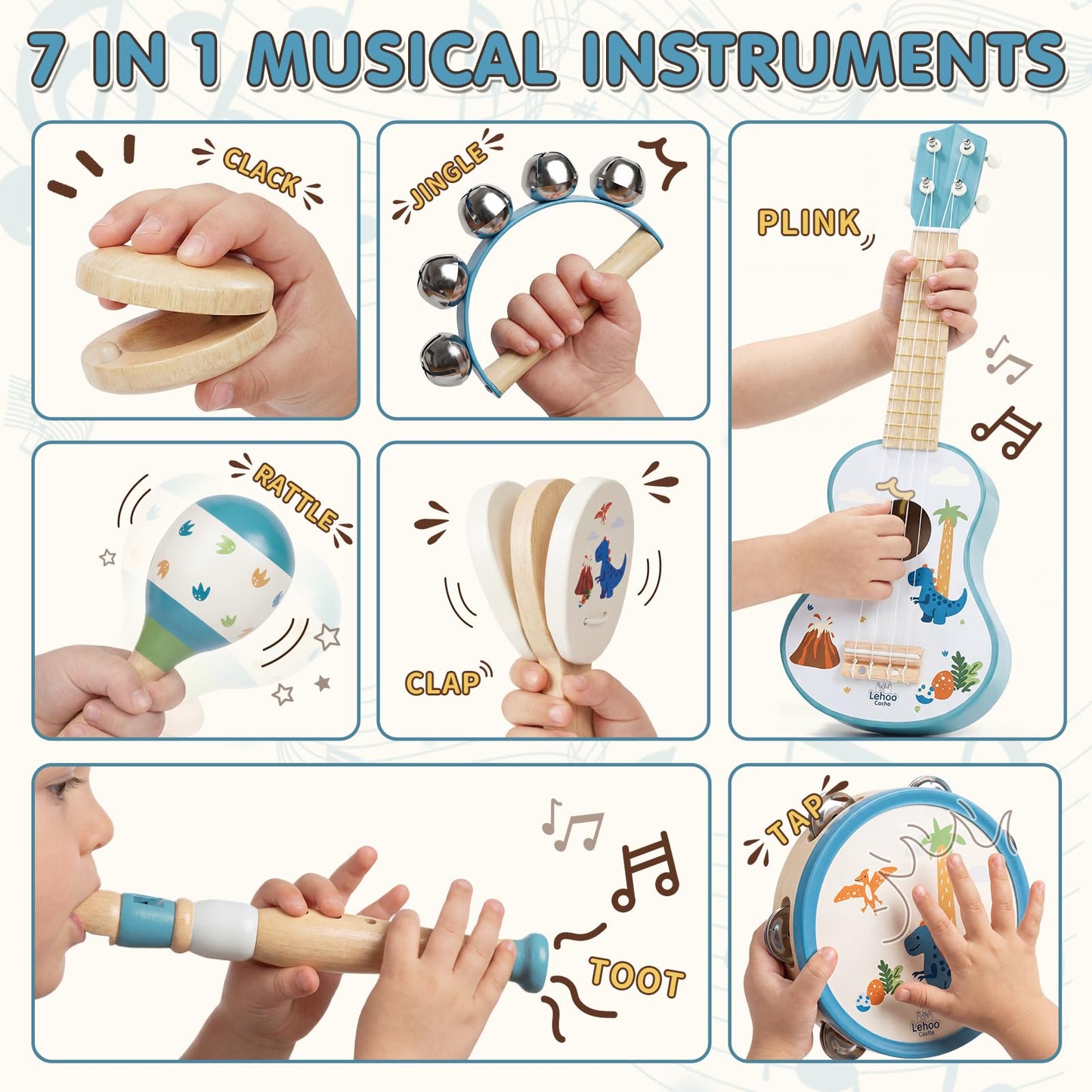 Lehoo Castle Kids Guitar Set, Dinosaur Guitar for Toddlers 1-3, Wooden Montessori Musical Instruments 7 in 1 with Ukulele/Tambourine/Maracas/Flute, Mini Band Set Birthday Gift for Boys Girls