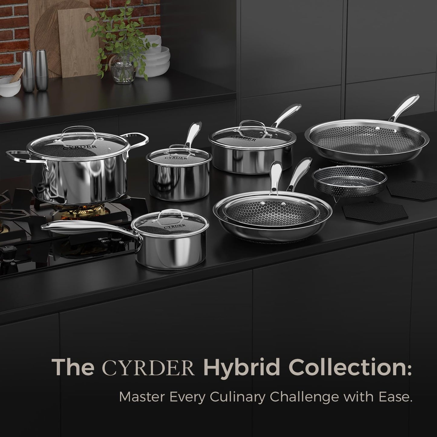 Nonstick Pots and Pans Set, 14 Piece Hybrid Hex Non Stick Stainless Steel Cookware with Frying Pans, Saute Pan, Saucepans & Stock Pot - Induction Compatible, Dishwasher &Oven Safe, PFOA Free