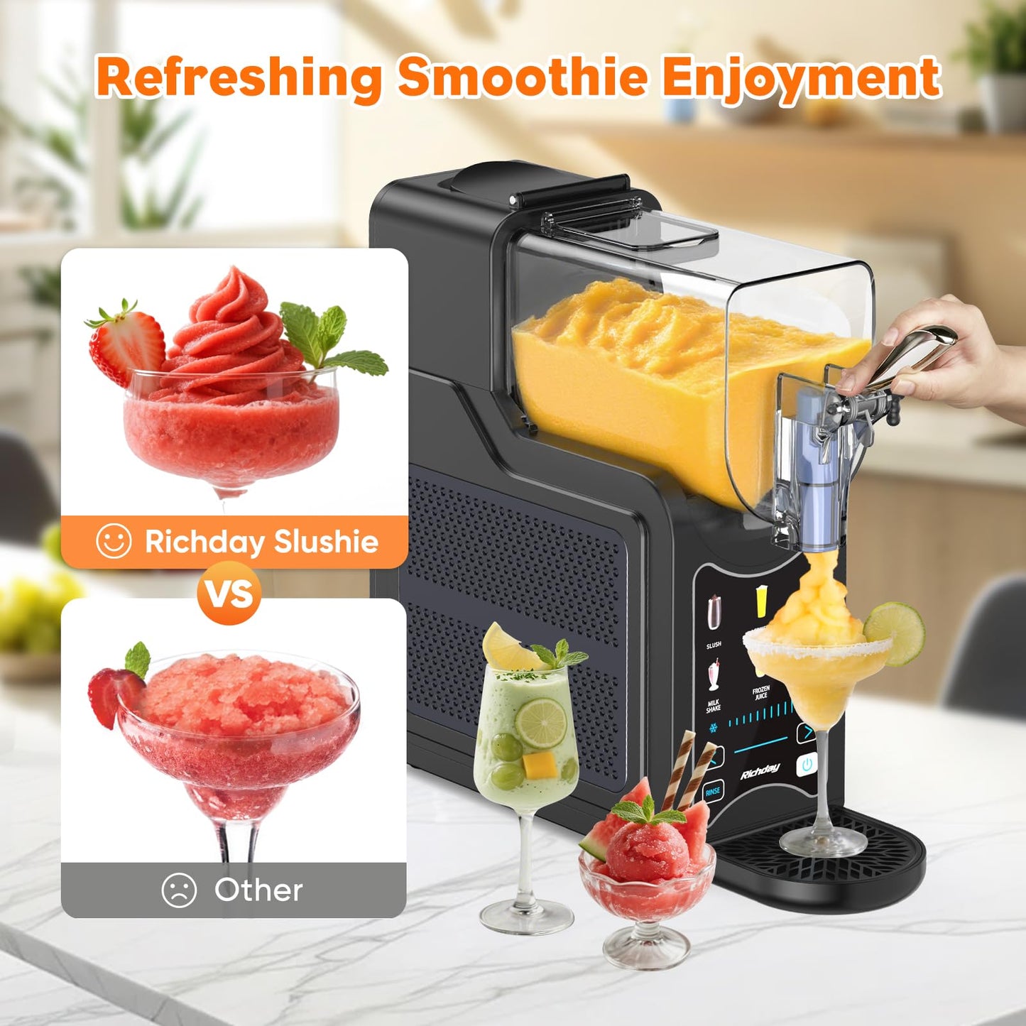 Richday Slushie Machine for Home – 88oz Frozen Drink Maker with 6 Preset Modes, No Ice Needed, Self-Cleaning, BPA-Free, Dishwasher Safe, Ideal for Slush, Frappe, Milkshake, Margarita, Cold Drinks