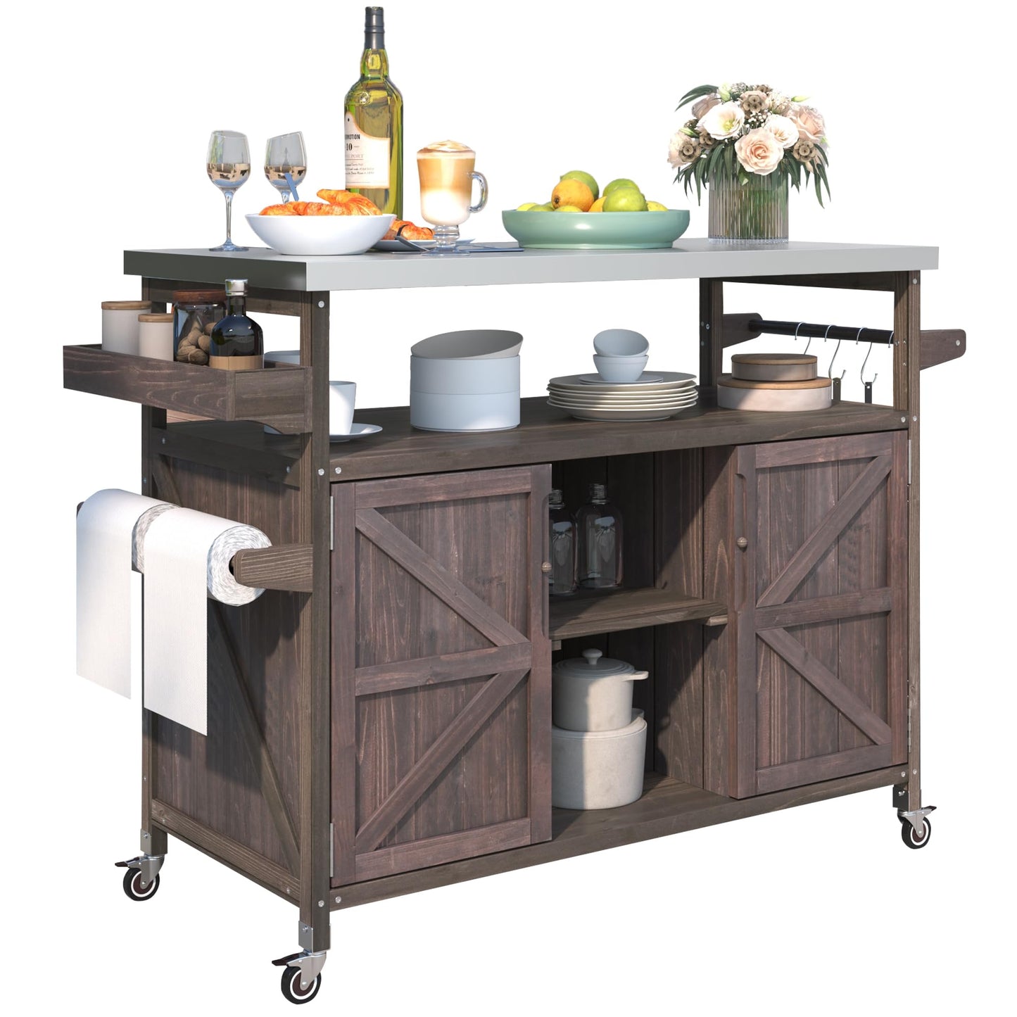 Jintop 50.25" Kitchen Island Rolling Bar Cart & Storage Cabinet, Farmhouse Solid Wood Outdoor Grill Table with Stainless Steel Top and Spice, Towel Rack for BBQ,Dark Brown