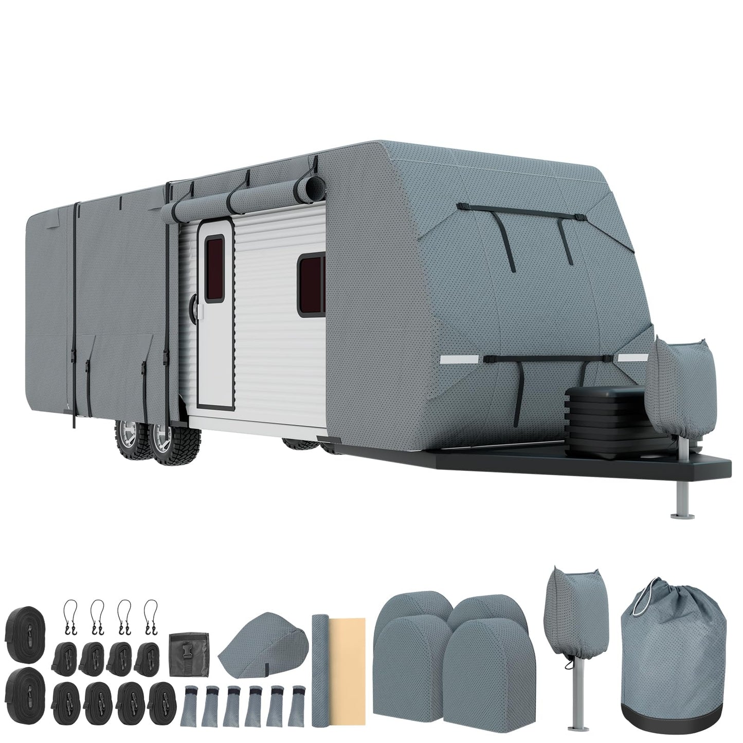 Mofeez Travel Trailer RV Cover, Extra-Thick Upgraded 7 Layers for Camper Cover 24'-27' Windproof Waterproof Rip-Stop RV Covers with Adhesive Repair Patches, 2Pcs Extra Straps & 4 Tire Covers