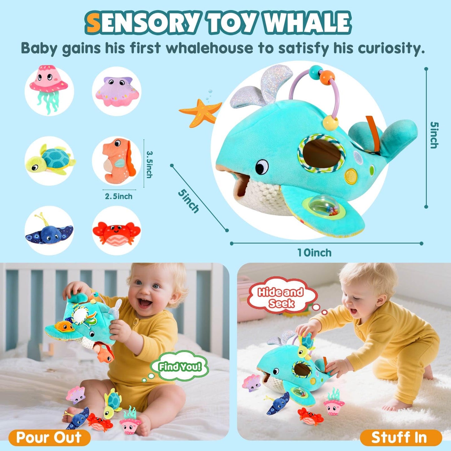 FREYBLI Baby Toys 6-12 Months - Soft Ocean Adventure Toy with Rattle, Crinkle Paper, Squeaker, Mirror - 6 Month Old Baby Toys Boy Girl Gifts, Baby Sensory Montessori Toys for 6 Month Old Infant Toys