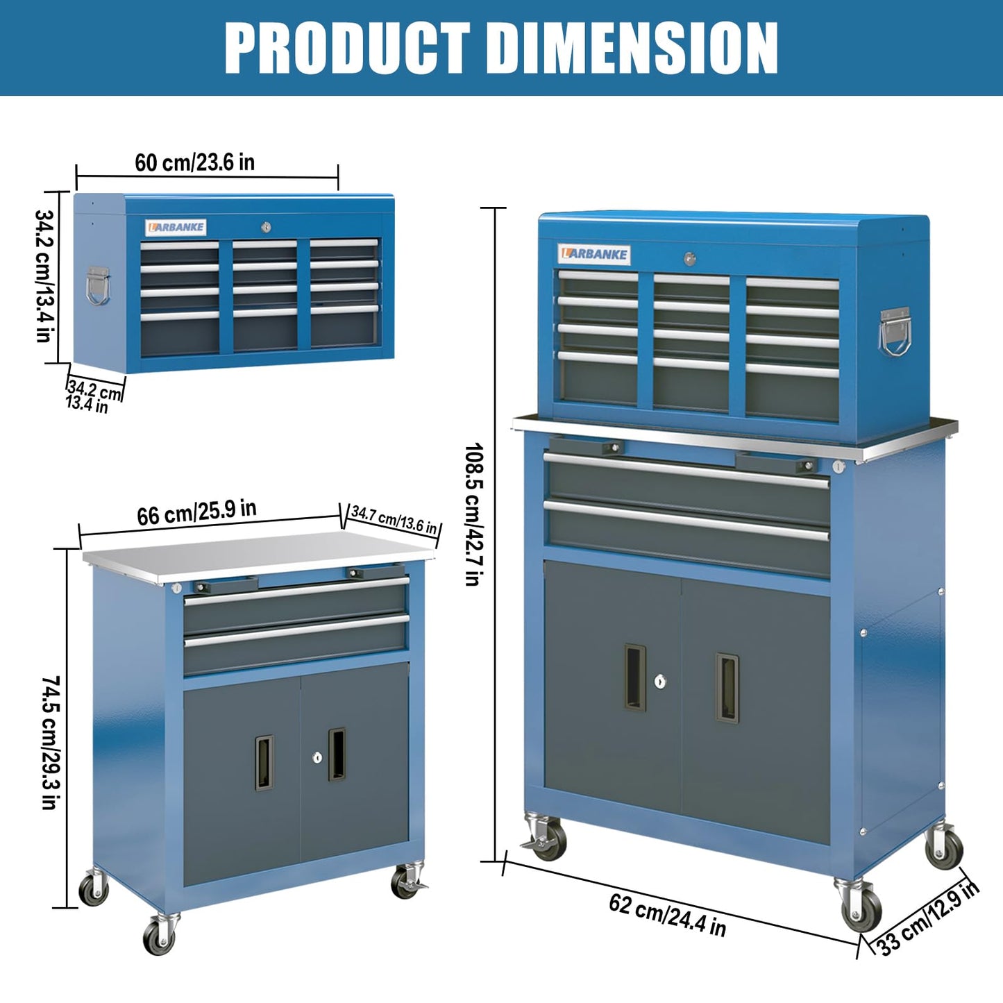 LARBANKE 8-Drawer Rolling Tool Chest,Tool Chest with 360° Brake Wheels and Padded Feet,Tool Cabinet with Locking System and Drawer Liners,Ideal Design for Garage and Workshop