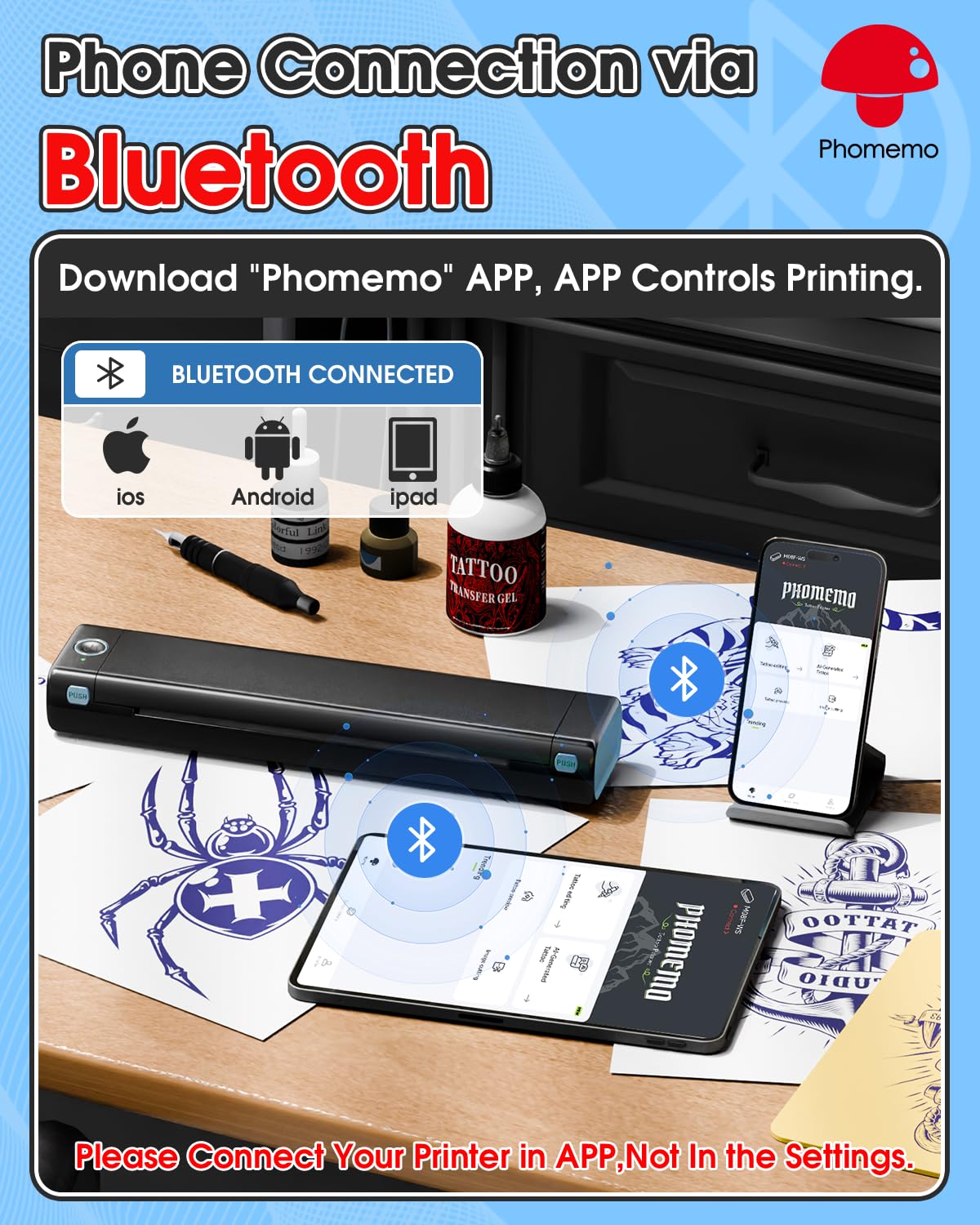 Phomemo Tattoo Stencil Printer, M08F Wireless Thermal Tattoo Printer with 10pcs Transfer Paper, Compatible with Phone/Tablet/PC, Tattoo Supplies for Tattoo Artists & Beginners, Black & Blue ﻿