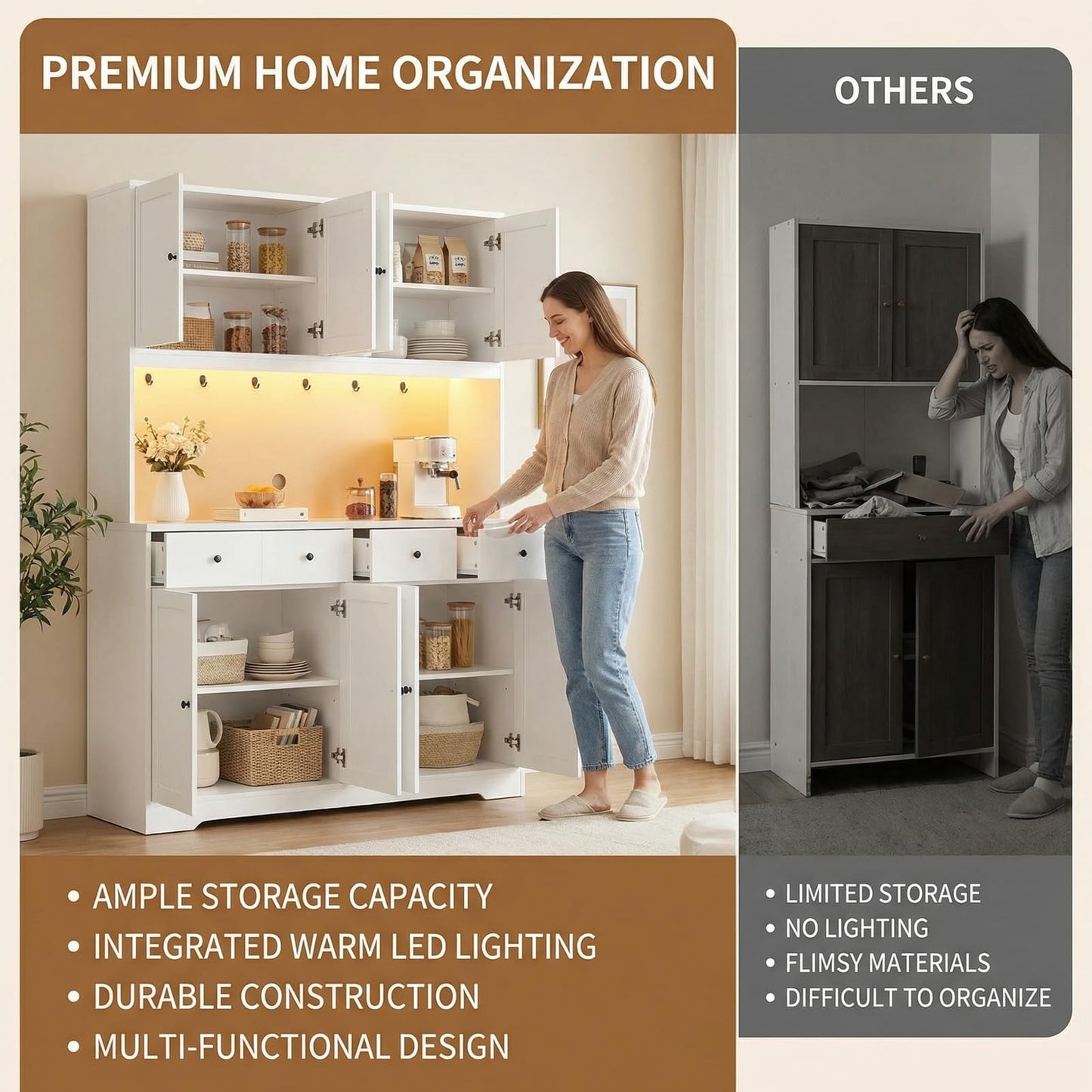 HIFIT 72" LED Kitchen Pantry Cabinet with Power Outlet & Cup Hooks, Tall Kitchen Hutch Storage Cabinets with Countertop Microwave Stand, Food Pantry Cabinet with Drawers for Dining Living Room, White