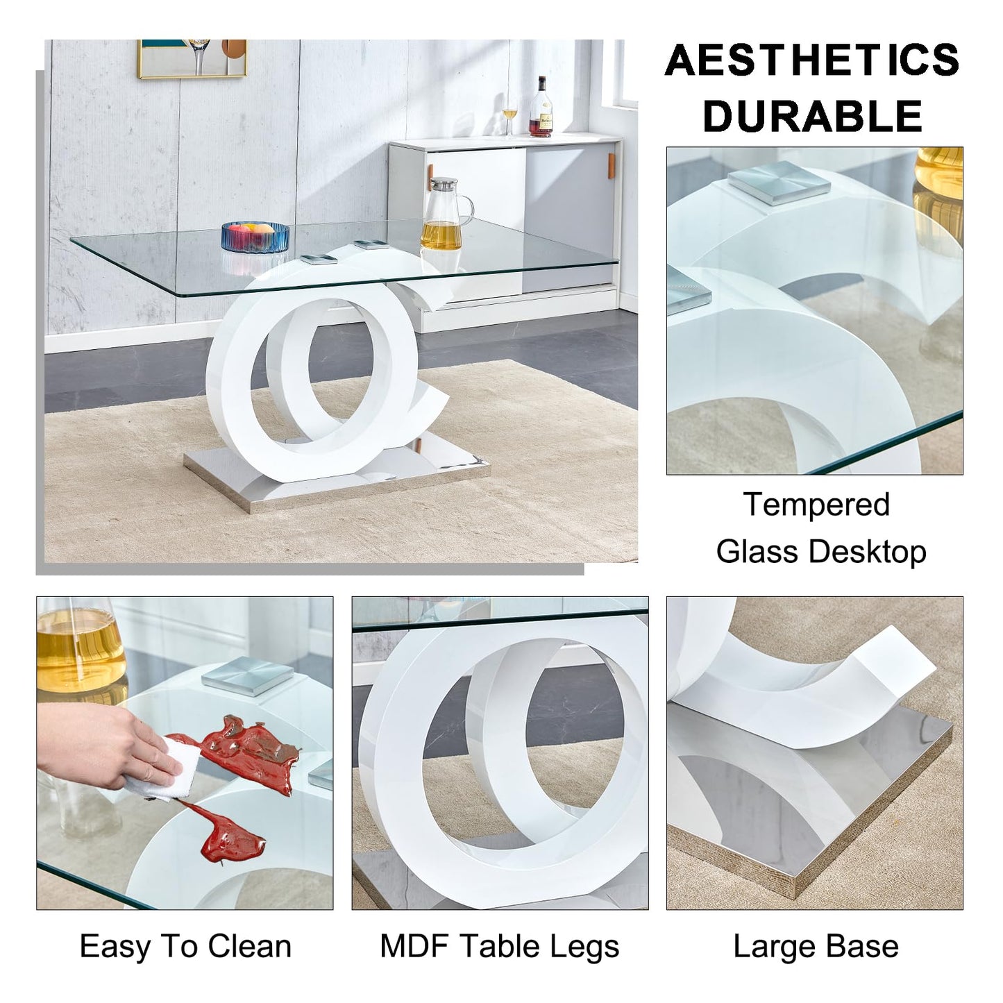 Ebullient Glass Table Set for 6, 7 Piece Set, Tempered Glass Top, White Modern Table with 6 PU Leather Ergonomic Chairs