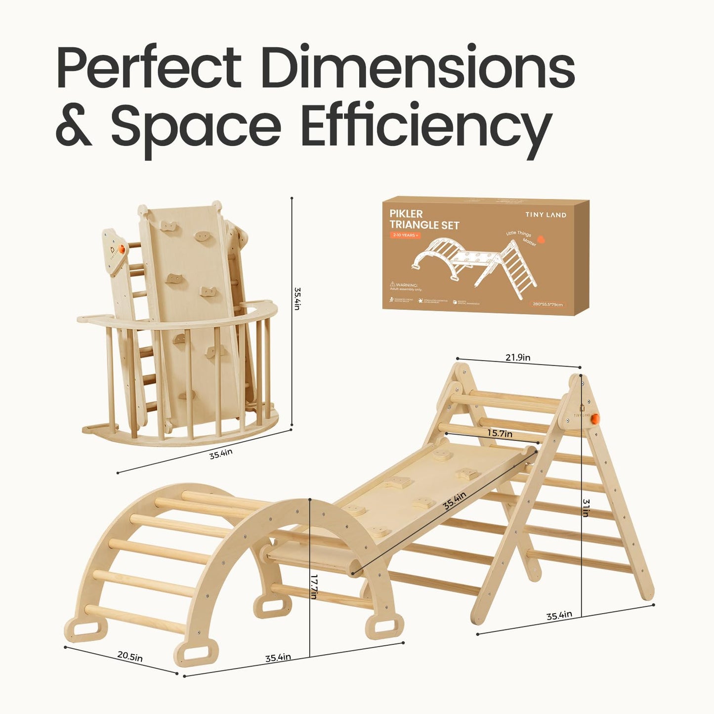 Tiny Land Pikler Triangle Set, 7-in-1 Foldable Pikler Triangle Climbing Toys Set for Kids,Baby Indoor Playground Jungle Gym, Wooden Montessori Climbing Set for Toddler (Natural)