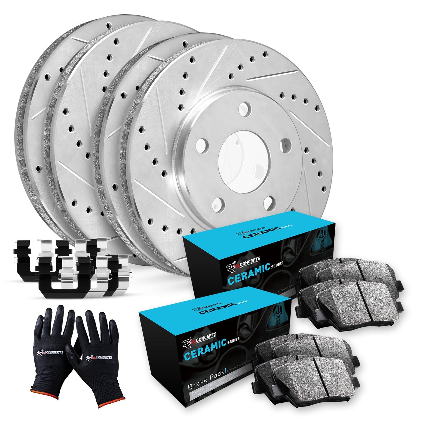 R1 Concepts Front and Rear Brake Kit For 2002-2006 Acura RSX Base Coupe 2 Door; 2004-2005 Honda Civic Si Hatchback 2 Door| Drilled Slotted Brake Rotors and Ceramic Brake Pads|Hardware included