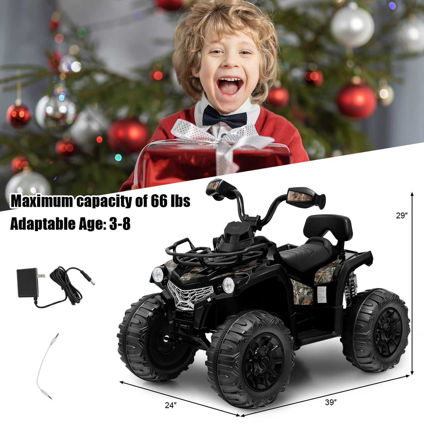Costzon Kids ATV, 12V Four Wheeler Quad Electric Vehicle w/Forward/Backward Function, 2 Speeds, Music, Headlights, Storage Basket & Backrest, Toddler 4 Wheeler Toy Car for Boys Girls 3+ (Black)