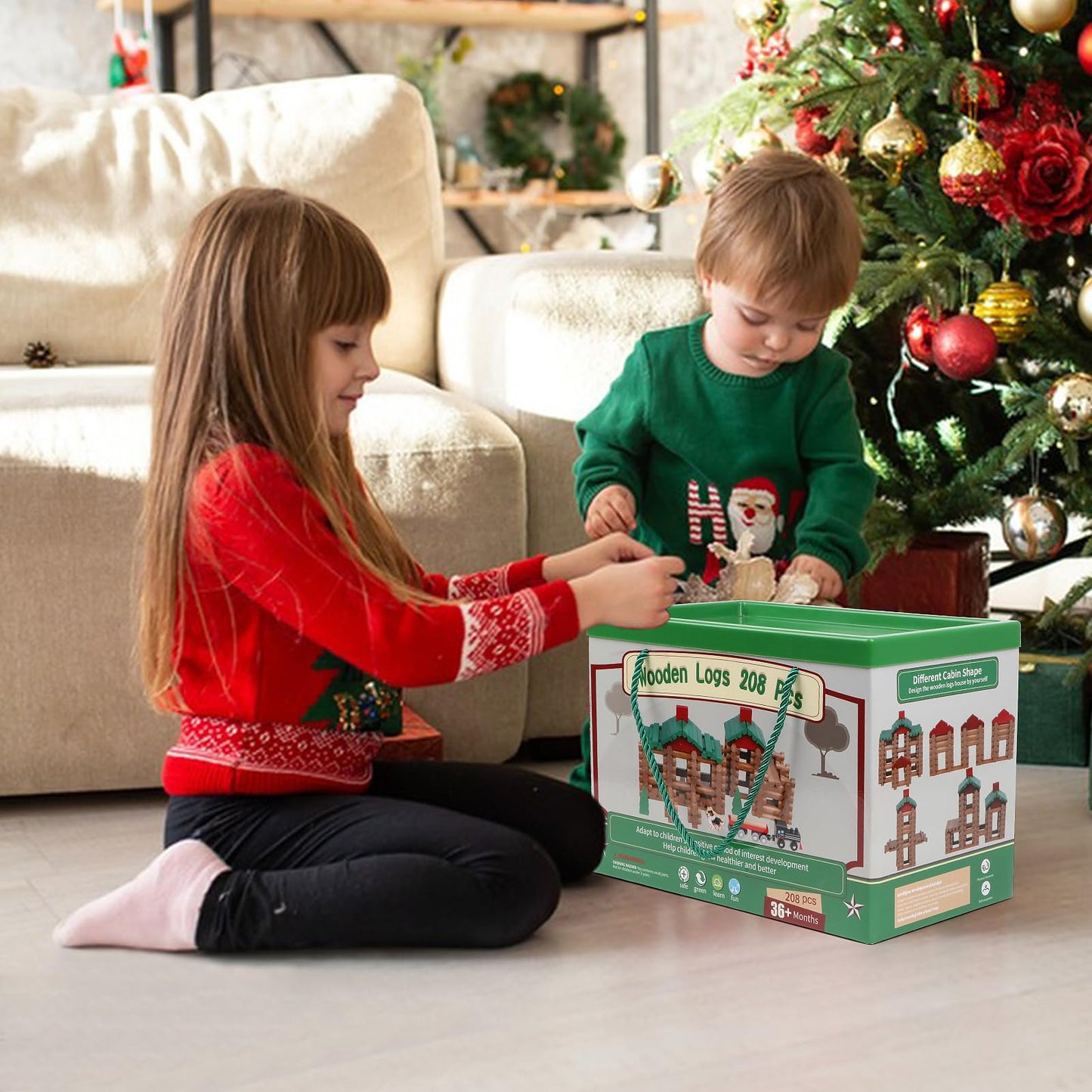 Wondertoys 208 Pcs Wooden Log Set - Classic Building Logs Ages 3+ - Best Retro Building Gift Set for Boys - Creative Construction Engineering Educational Gifts
