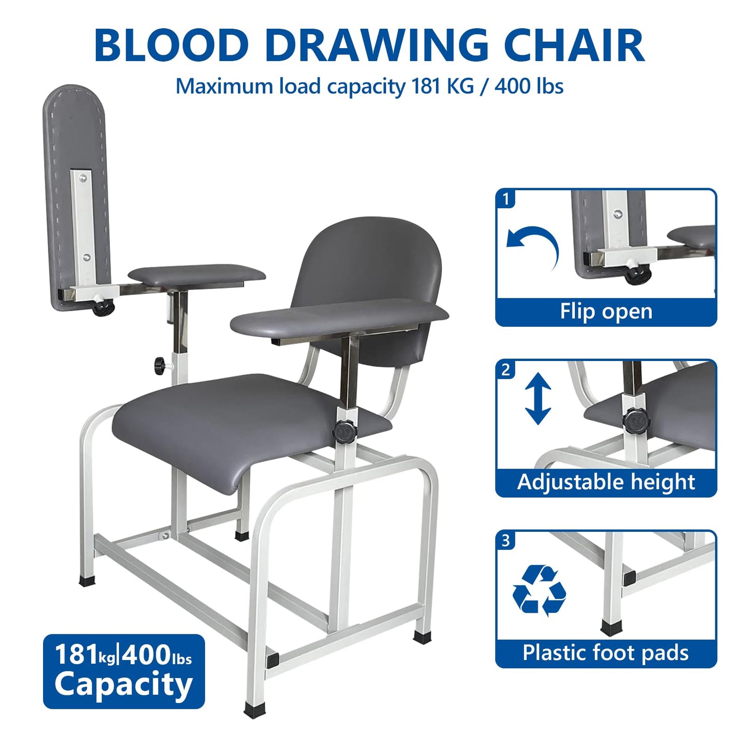 Helsevesen Blood Drawing Phlebotomy Chair, Comfortable Padded Lab Draw Chair with Adjustable Armrest (Grey-24.08)