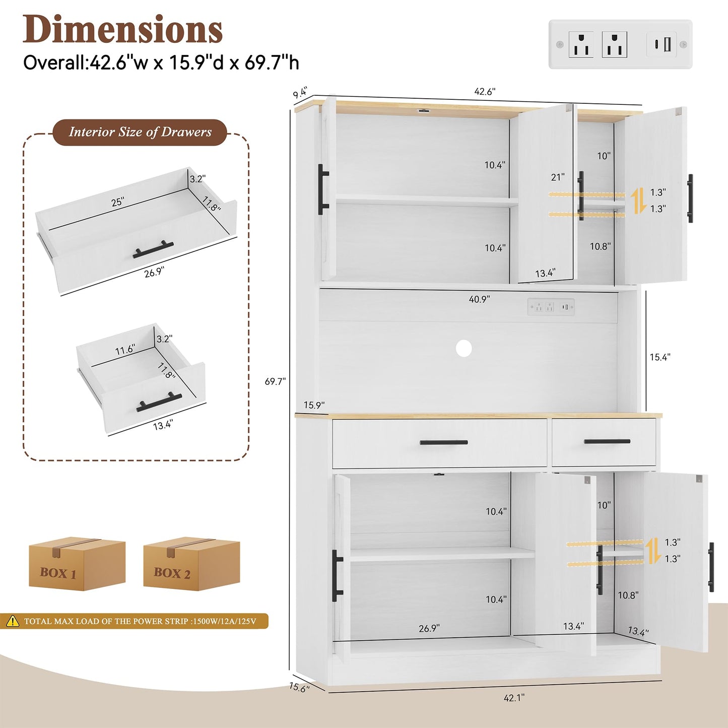 Vongrasig Farmhouse Pantry Cabinet with Charging Station, Tall Kitchen Pantry with Microwave Stand, Storage Drawers & Shelves, Large Kitchen Hutch for Living Room, Dining Room, White