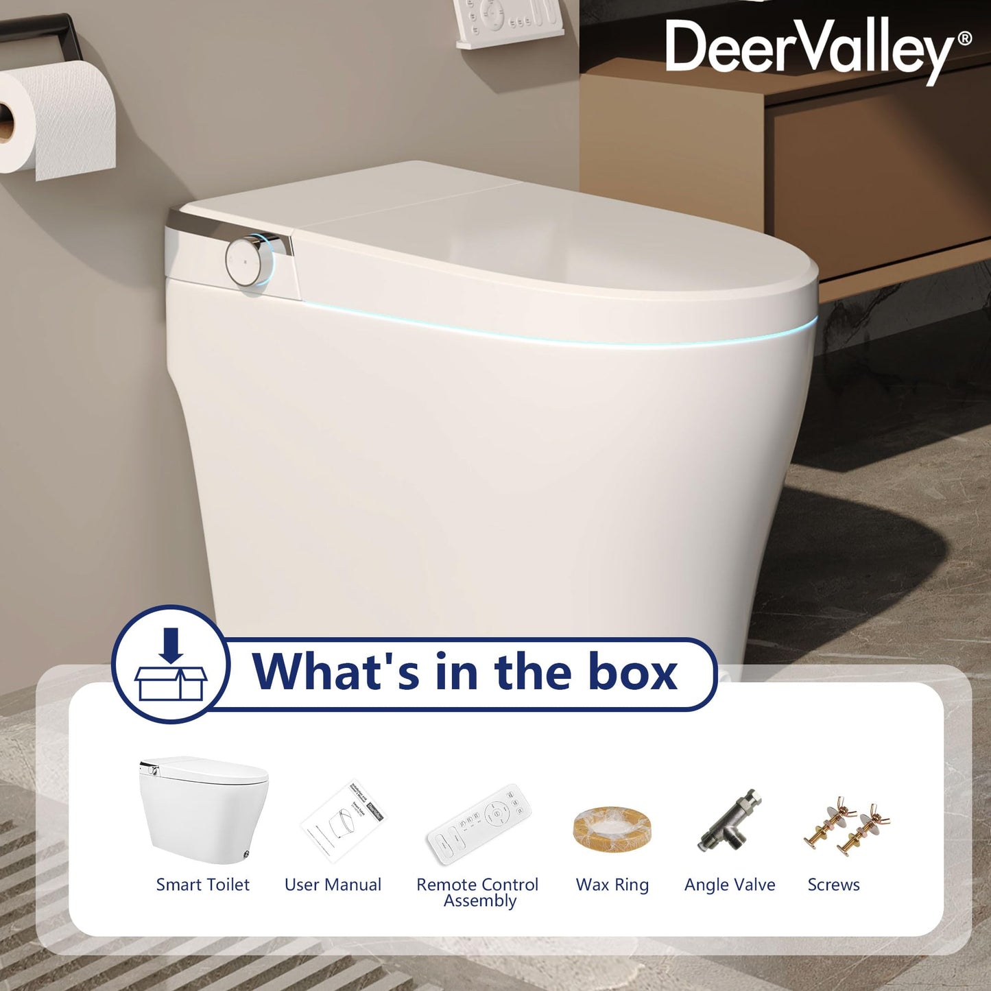 DeerValley Smart Toilet, One Piece Tankless Toilet with Built-in Bidet, 1.28GPF Auto Flush, Foot Kick, Warm Water, Heated Seat, Remote Control, 10" Rough-In Options