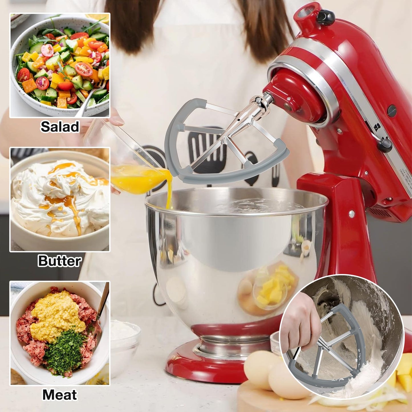 6QT Stainless Steel Flex Edge Beater for KitchenAid Mixer Professional 6 Quart Paddle Attachment Compatible with Kitchen Aid Accessories KD2661X, KP2671X with Silicone Edges Scraper