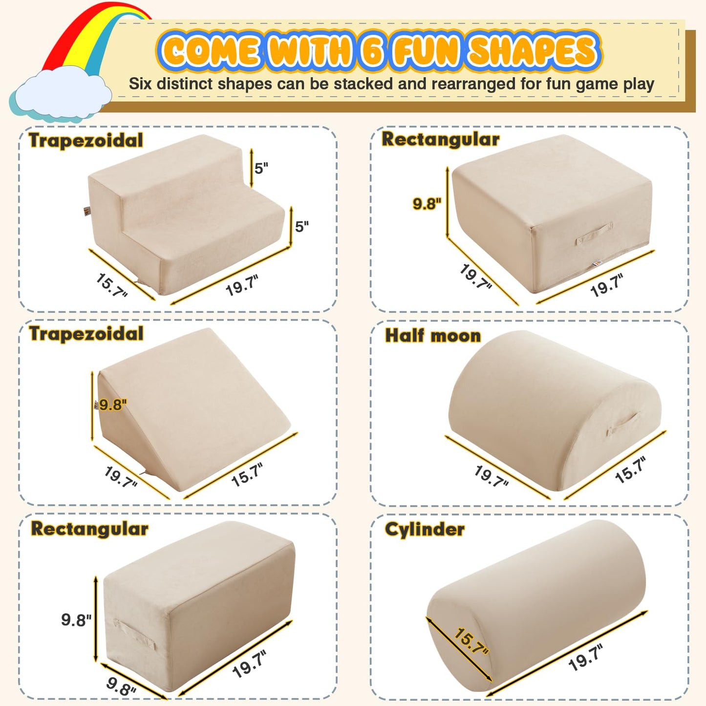 jela Kids Foam Climbing Blocks 6Pcs Soft Play Equipment Luxury Miss Fabric Toddler Climbing Toys Indoor, Lightweight Climbing Blocks for Babies, Kids, Climb and Crawl Foam Playset (Sand Beige)