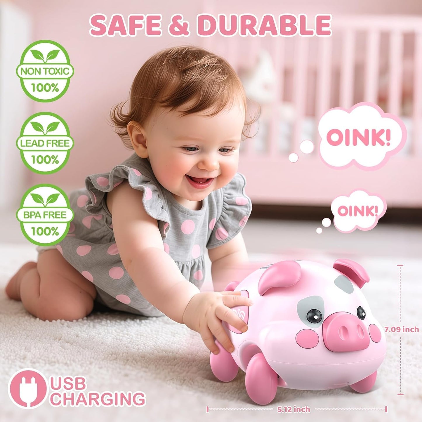 OCHIDO Baby Toy 6-12 Months, Musical Piggy Crawling Infant Toys with Light, 6 Month Old Toys for Tummy Time Development, Christmas Birthday Gifts for Boy Girl 7 8 9 10 11 Month 0-1 Year Old