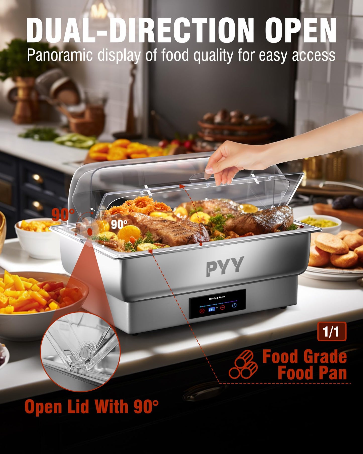 PYY Electric Chafing Dish Buffet Set, Roll Top Chafing Dish, Stainless Steel Chaffing Server Set Chafer for Catering,Buffets (2 Half-Size with Lid)