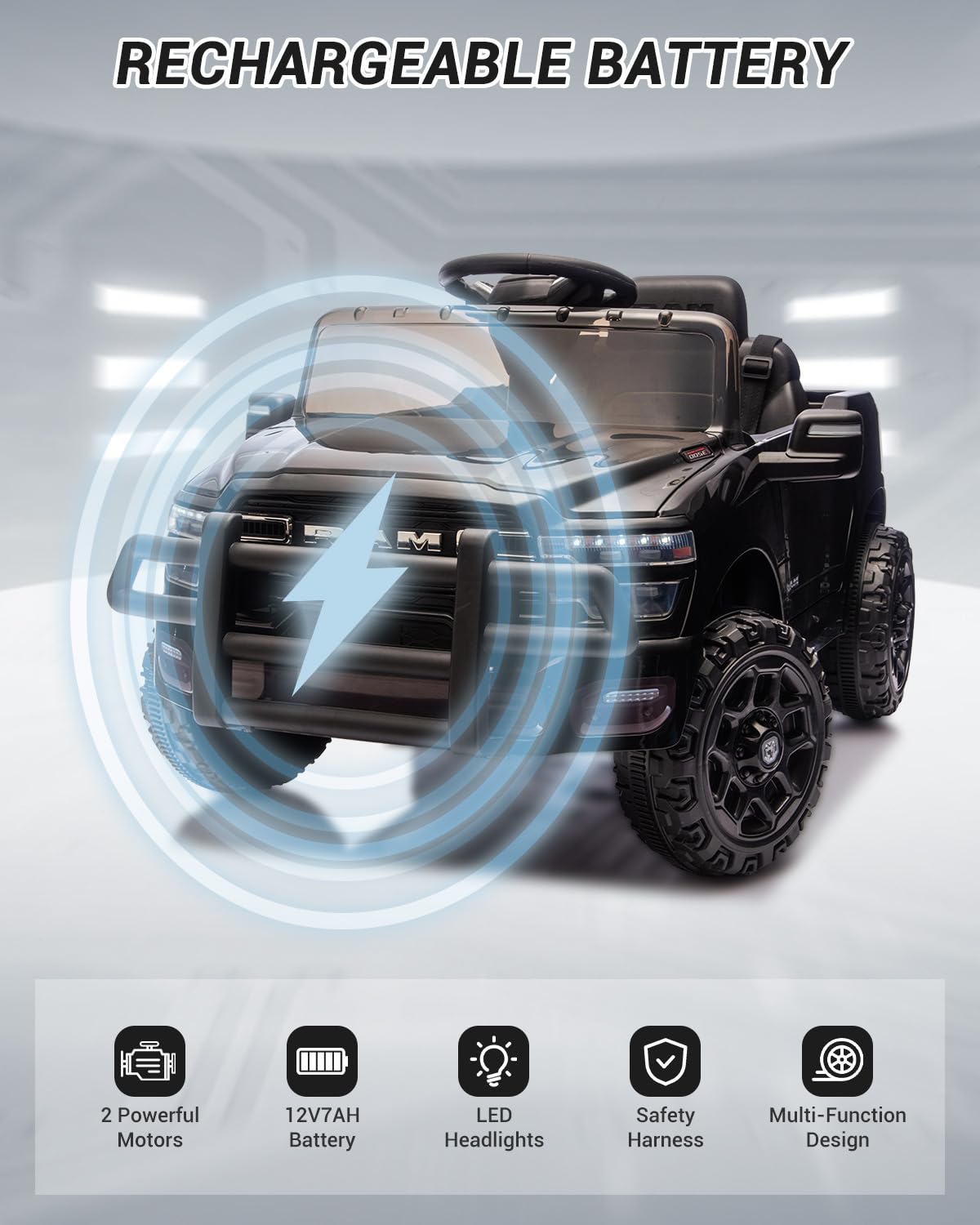 Electric Car for Kids, Licensed RAM 12V Ride on Truck w/Remote Control, Toddler Ride on Toys with Music, 3 Speeds, LED Lights, Suspension, Gift for Boys Girls