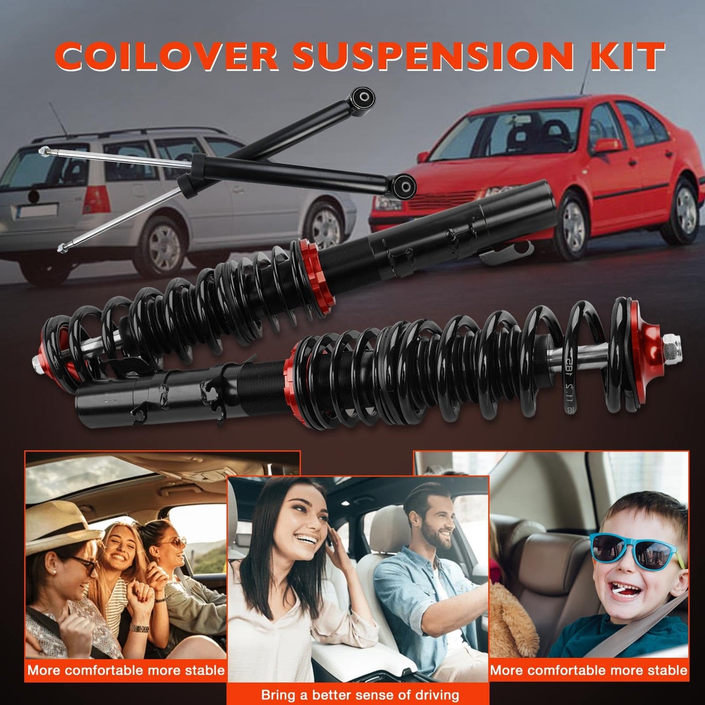 Front & Rear Coilover Suspension Kit, Height Adjustable Shocks & Struts Replacement for 1998-2005 Volkswagen Golf Mk4 Coilover 2WD Only A4 – Complete Coilovers Assembly(Red)