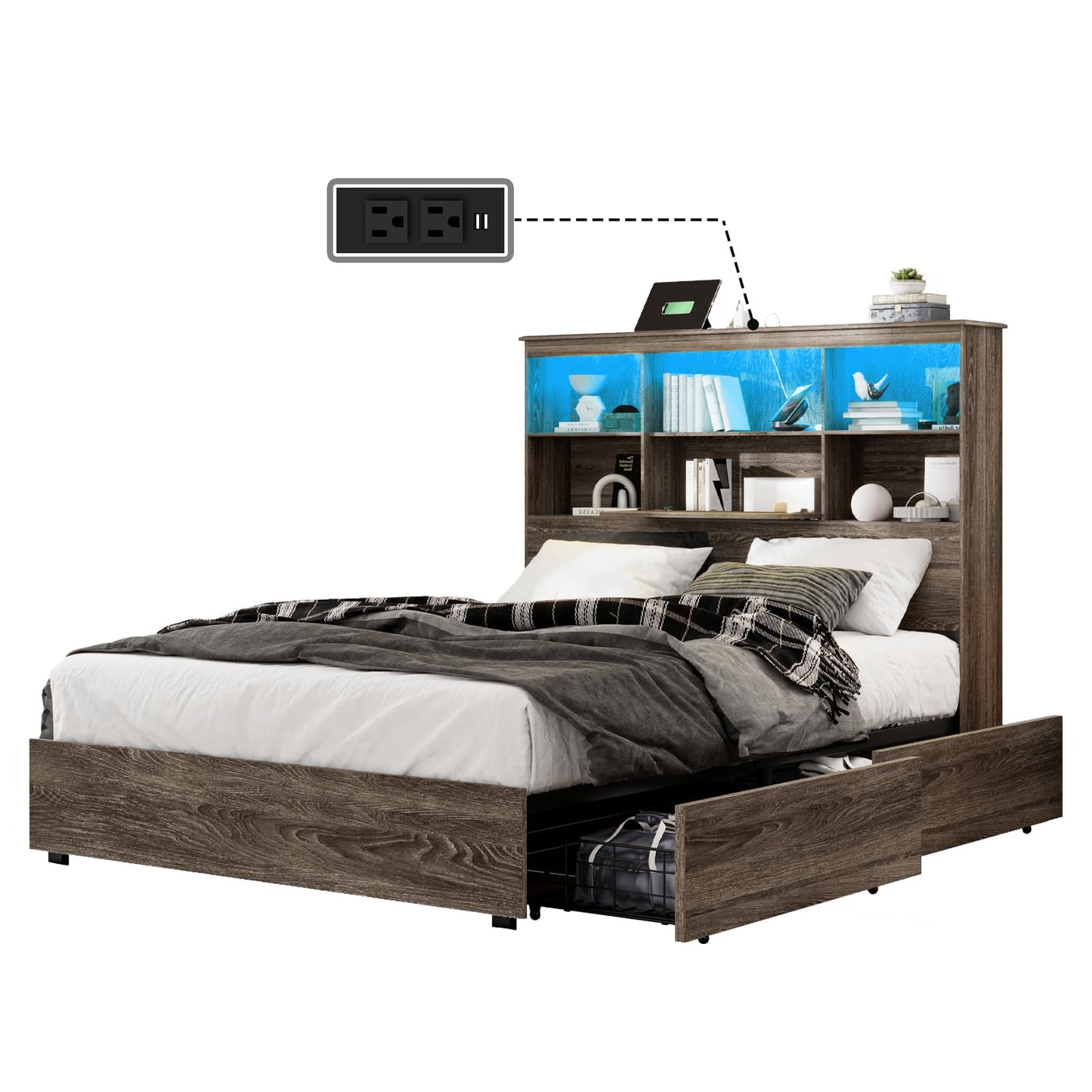 LUXOAK Queen Size Bed Frame with LED Bookcase Headboard, Wooden Storage Bed with Charging Station & 4 Drawers, No Box Spring Needed/Noise-Free/Rustic Grey