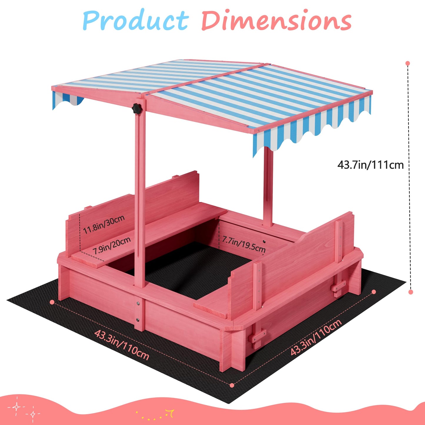 Wooden Kids Sandbox with Height-Adjustable UV-Resistant Canopy - 43x43 Inch Outdoor Play Sand Box with Lid, 2 Foldable Bench Seats & Bottom Liner, Ideal for Backyard, Garden, Beach