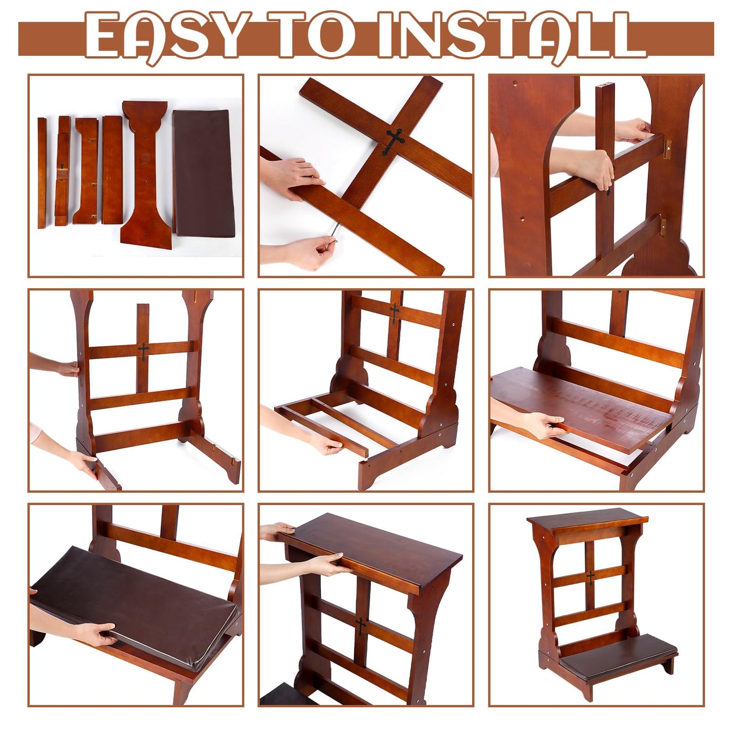 DoubleFill Solid Wood Prayer Bench Stool with Shelf and Cushion Church Prayer Bench Table Chair Padded Kneeler for Kneeling at Home, Religious Gifts, 23 x 20 x 32 Inches(Simple Style)