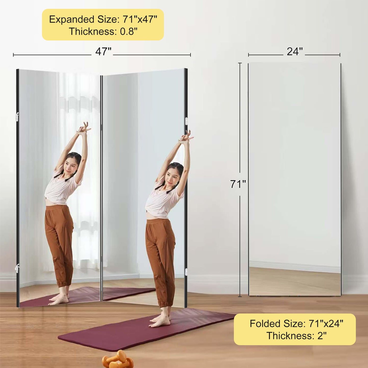 brisafe NanoMirror Space-Saving 360° Folding Full Length Mirror, 71" x 47" Ultra-Large Wall Mounted Shatterproof Foldable Design for Home Gym, Yoga, Dance, Fitness Studio, Silver