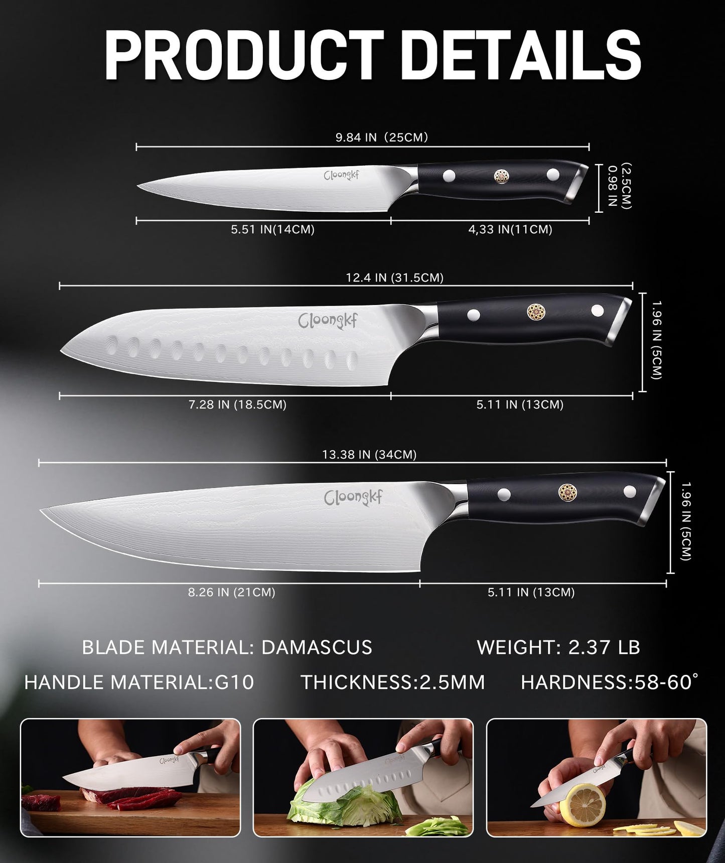 Cloongkf 3-Piece Damascus Kitchen Chef Knife Set- 8" Chef Knife, 7" Santoku, 5.5" Utility Knife Japanese High Carbon Stainless Steel with G10 Handle Gift Box Cutting Tools for Meat, Vegetables