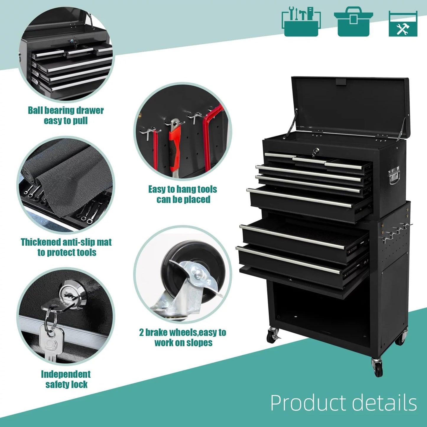 Clickoods 8-Drawer Rolling Tool Chest – 2-in-1 Lockable Tool Box with Wheels, Sliding Drawers & Detachable Top – Garage & Workshop Storage Cabinet, Black
