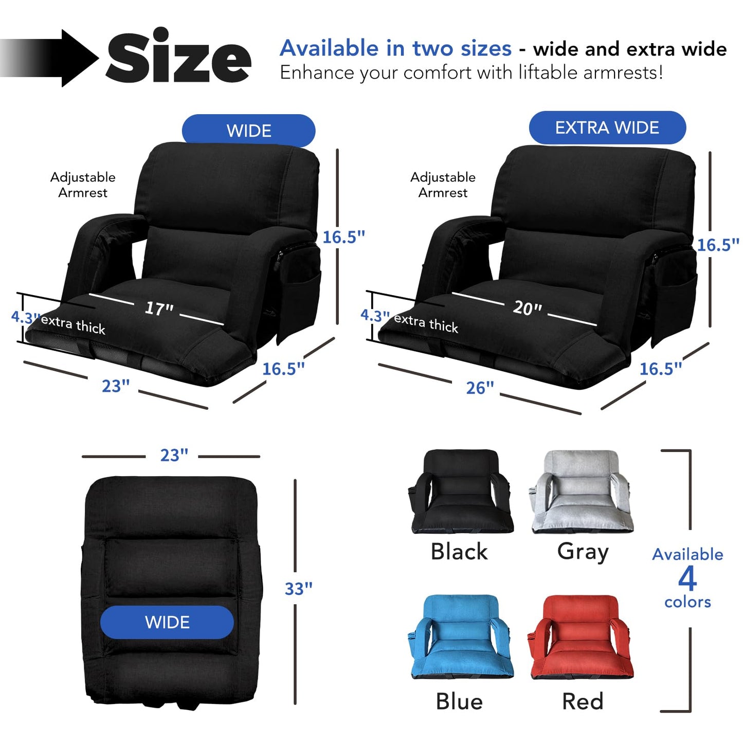 Wide Stadium Seats With Back Support 2 Pack, Exclusive "Sofa Style" Design Extra Thick Bleacher Chairs With Back and Cushion, 6 Reclining Positions - Ultimate Comfort for Sports Events (Black, 22.5")