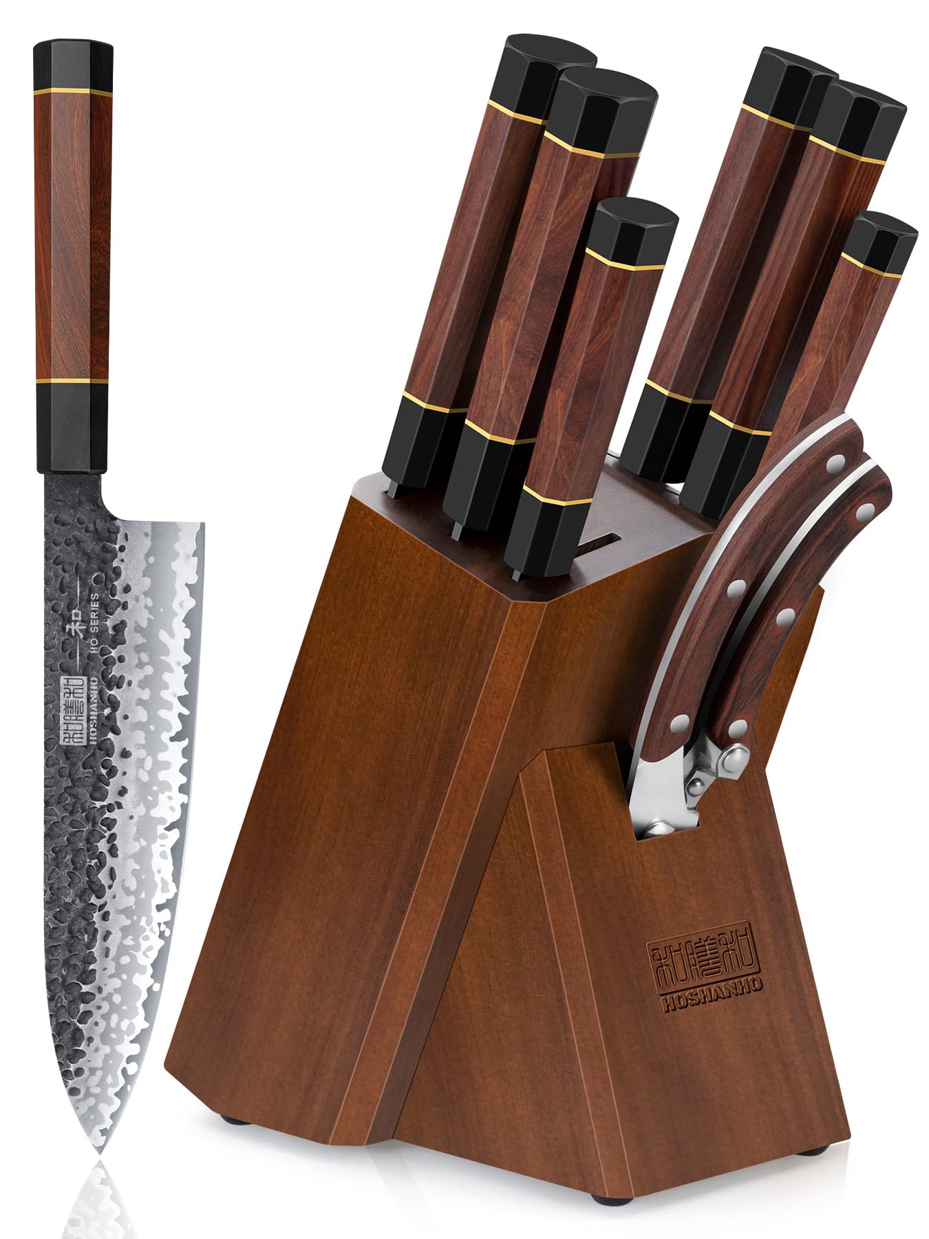 HOSHANHO 8 Pieces Knife Set, Japanese High Carbon Steel Kitchen Knives Set with Block, Hand Forged Ultra Sharp Chef Knife Set with Ergonomic Rosewood Handle