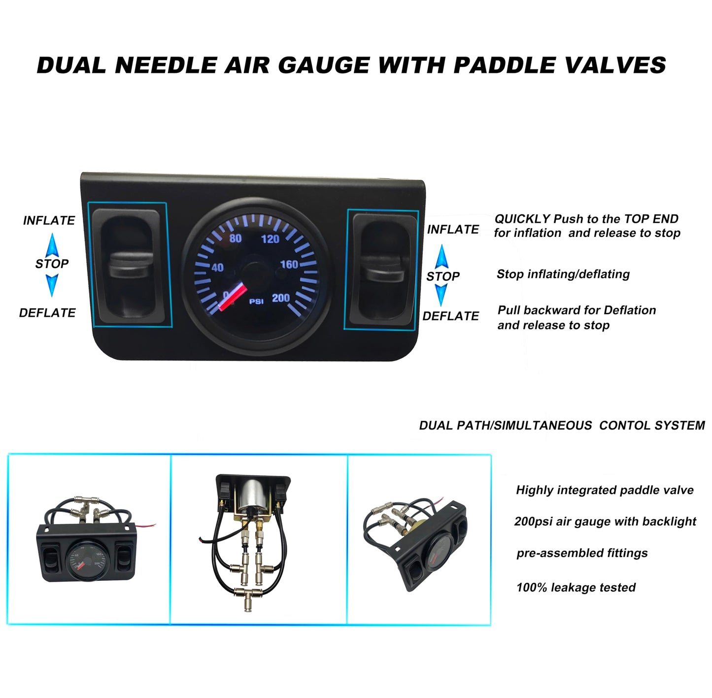 NYSUS in Cab Dual Air Gauge Control Kit, Air Compressor Kit for Air Spring Suspension with Paddle Valve Gauge and Air Fittings for Truck, Van