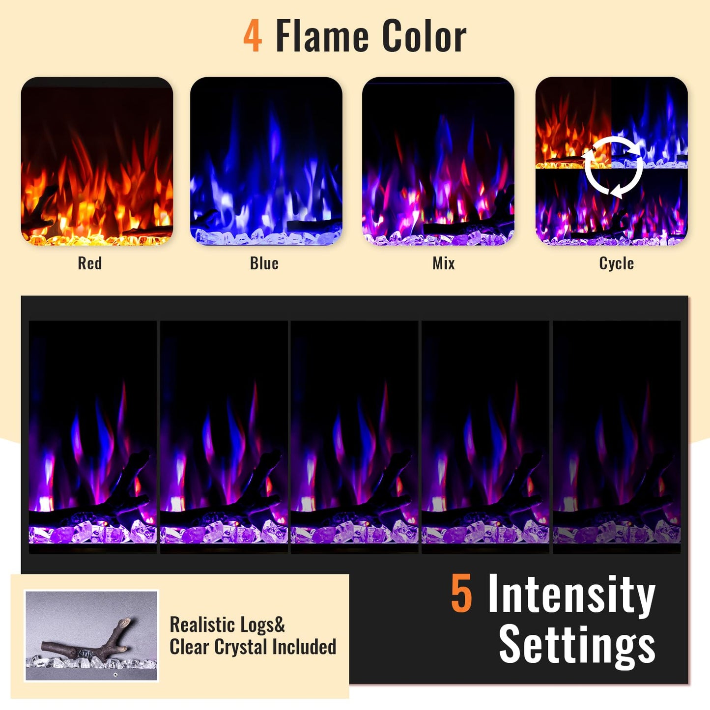 60 Insert Electric Fireplace, Fully Recessed or Wall Mounted, 4 Flame Colors, 4 Brightness Levels, Crystals,Log, Remote Control, 750-1500W.