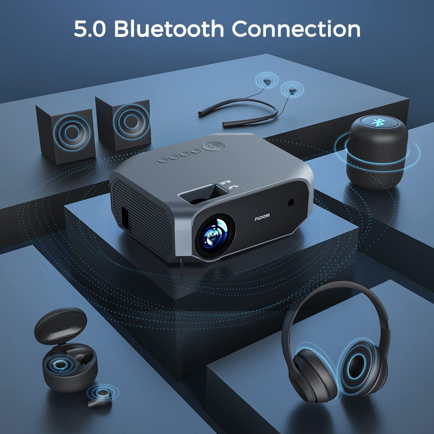 FUDONI Projector with WiFi and Bluetooth, Native 1080P Outdoor Movie Projectors 4k Supported, 15000L Portable Home Theater Projector Max 300", Indoor&Outdoor Use, Black