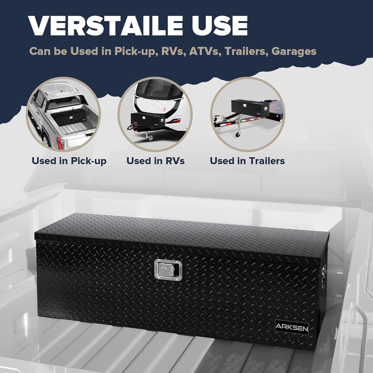 ARKSEN 49" Aluminum Diamond Plate Tool Box,Heavy Duty Waterproof Truck Storage Organizer Chest for Pick Up,Truck Bed, RV Trailer with Side Handle, Lock and Keys - Black