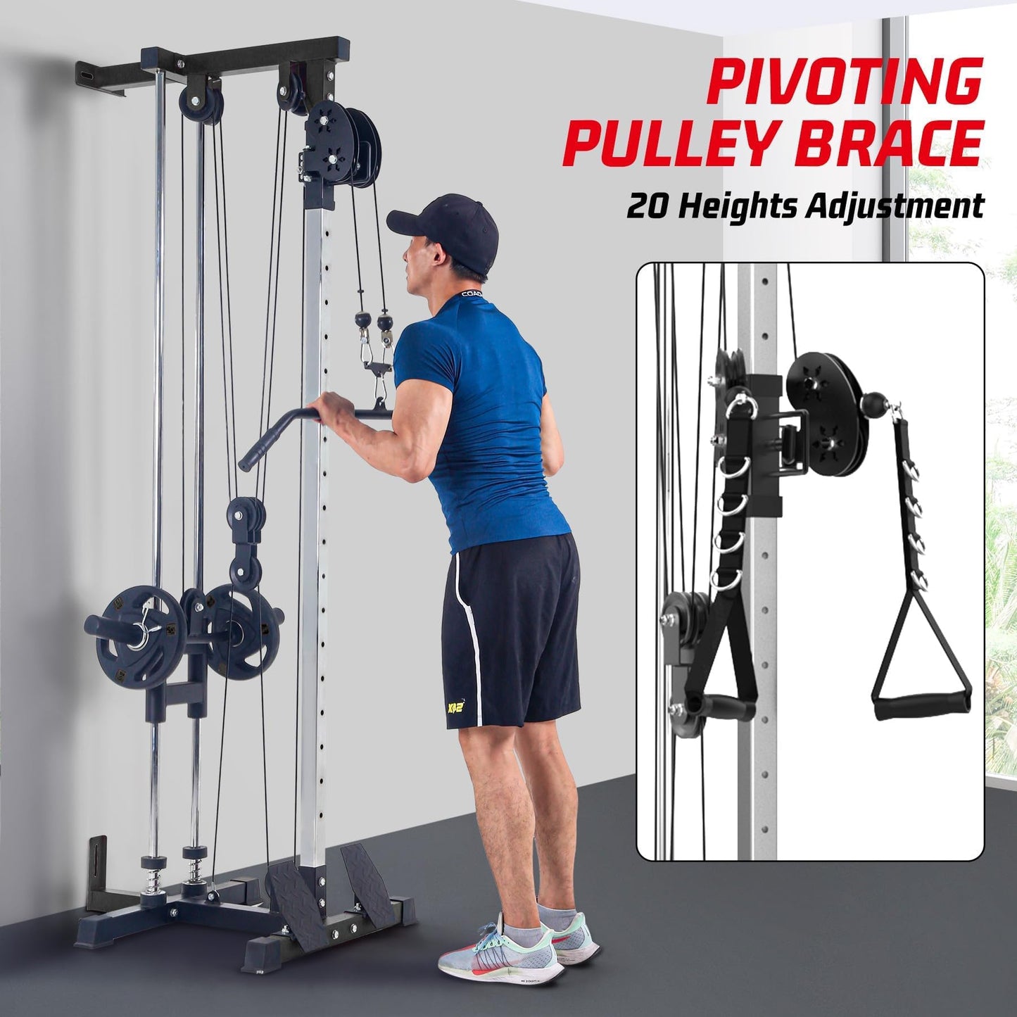 Wall Mount Cable Machine - Dual Pulley Cable Crossover System with 20 Adjustable Positions for LAT Pulldown, Row & Total Body Training | Includes LAT Bar, Tricep Rope, t-Bar & Foot Board for Home Gym