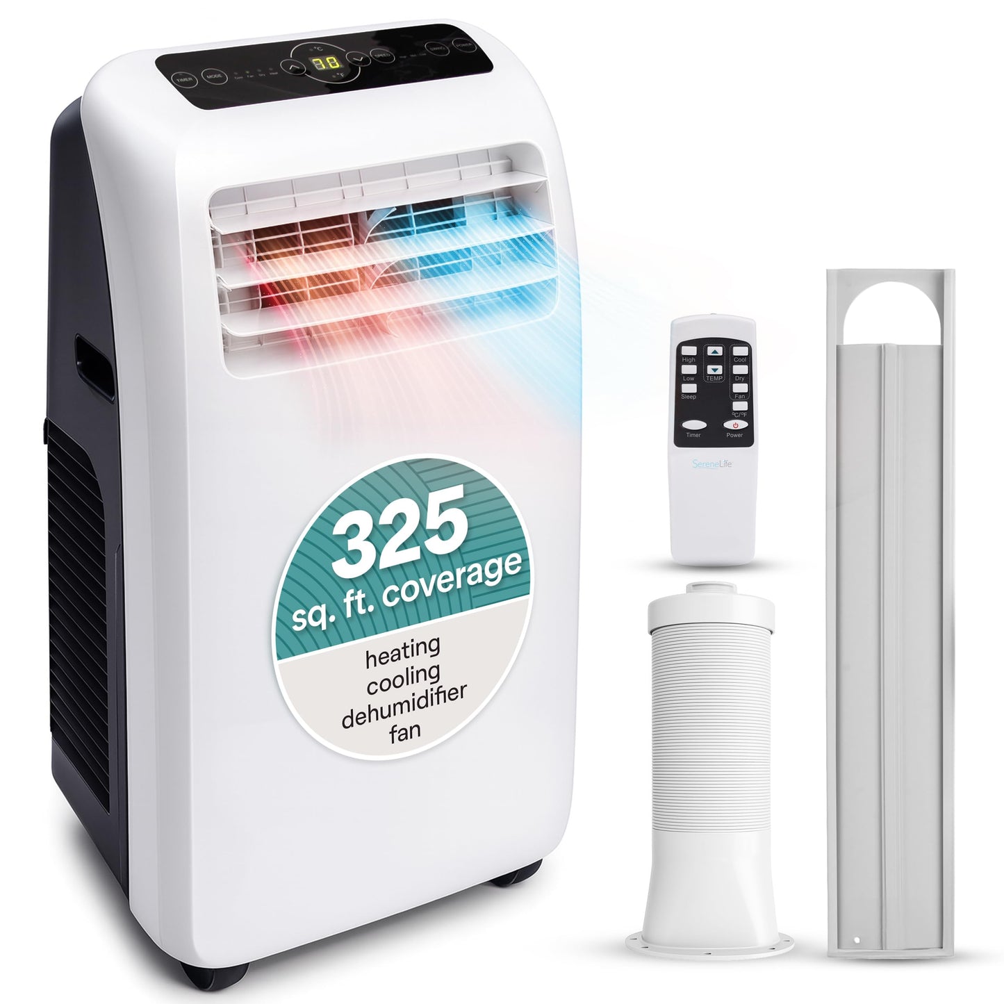 SereneLife Portable Air Conditioner with Heat & Built-in Dehumidifier 12,000 BTU, Portable Heater & AC for Rooms up to 550 Sq Ft - Remote Control & Window Mount Exhaust Kit Included