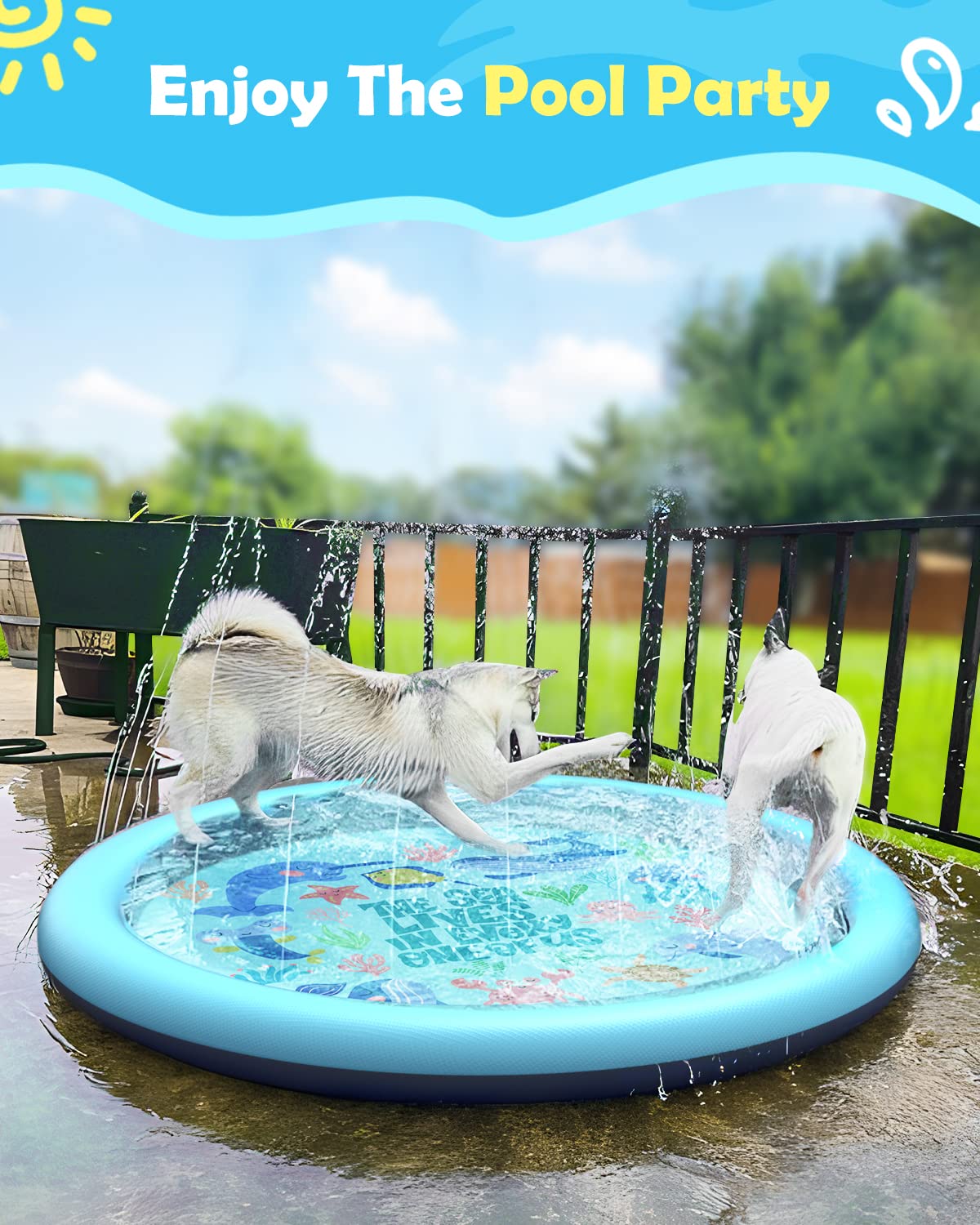 Peteast Anti-Slip Ocean-Themed Splash Pad for Kids and Dogs - 67in 0.58 mm Thicken Sprinkler Dog Pool for Summer Outdoor Water Toys - Fun Backyard Play Mat for Children and Pets