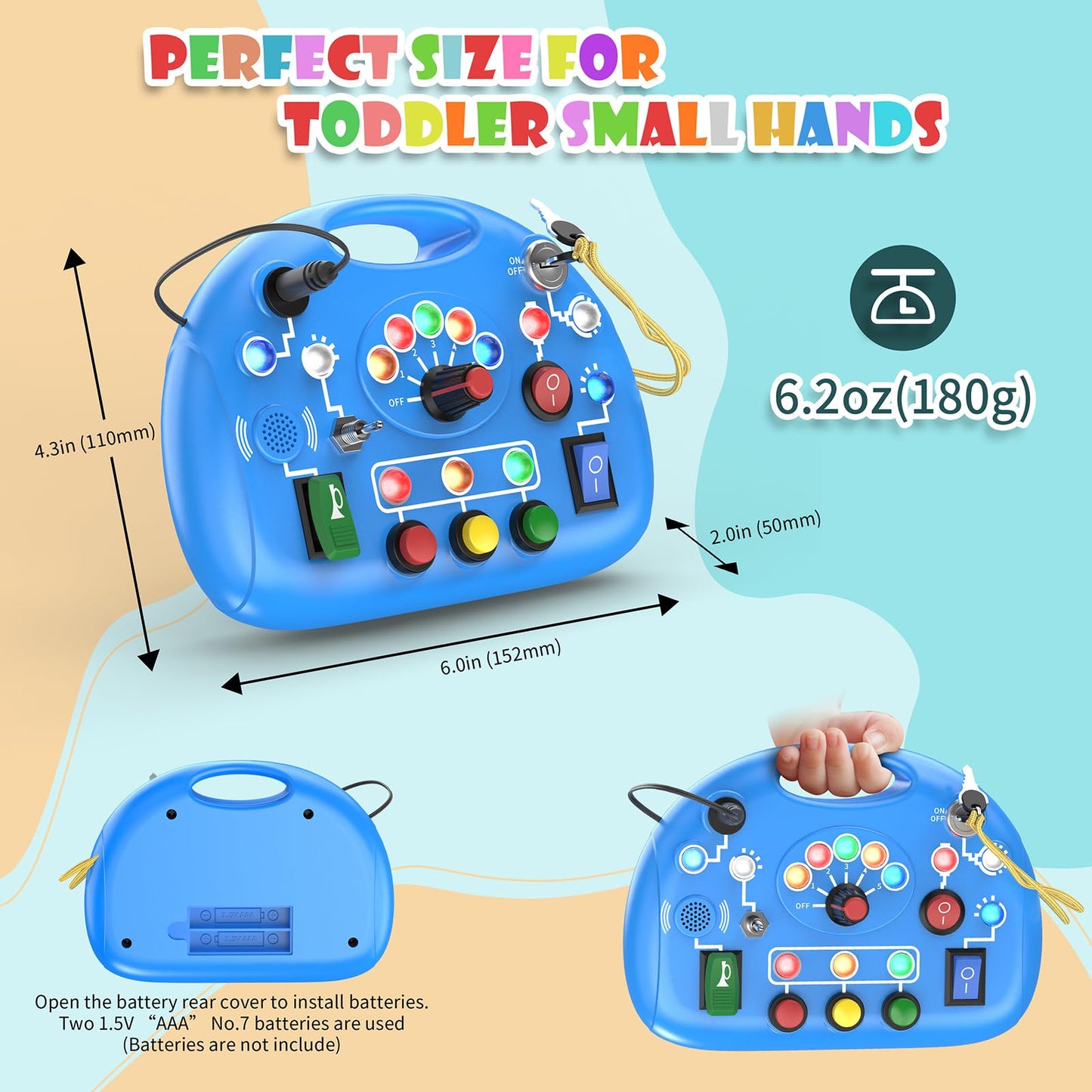 JIWORT Busy Board with LED Light, Montessori Busy Board for 1+ Year Old, Sensory Toys with Sound and Switches, Fidget Board for Kids Electronic Early Development Toys Boys Birthday (Blue)