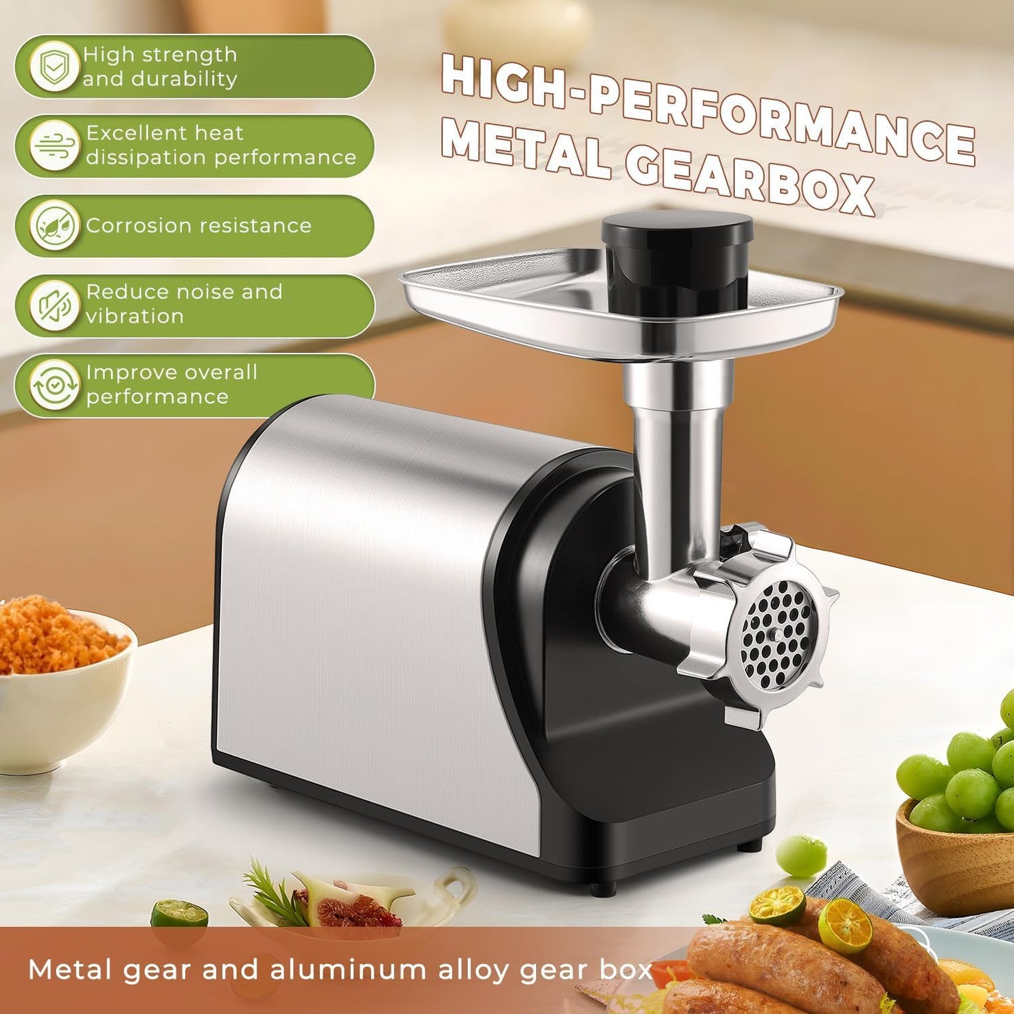 Flyseago Multifunctional 3200W Electric Meat Grinder Heavy Duty Commercial Meat Grinders, Veggie Shredder, Ice Cutter with 2 Blades, 3 Grinding Plates, 3 Sausage Tubes, Meat Grinder for Home Use